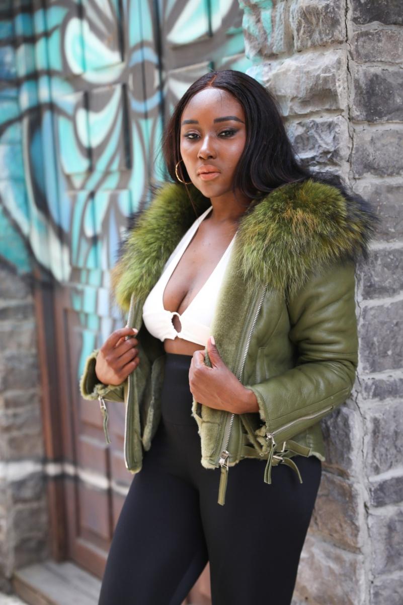 Large Raccoon Fur Collar Leather and Fur Combination