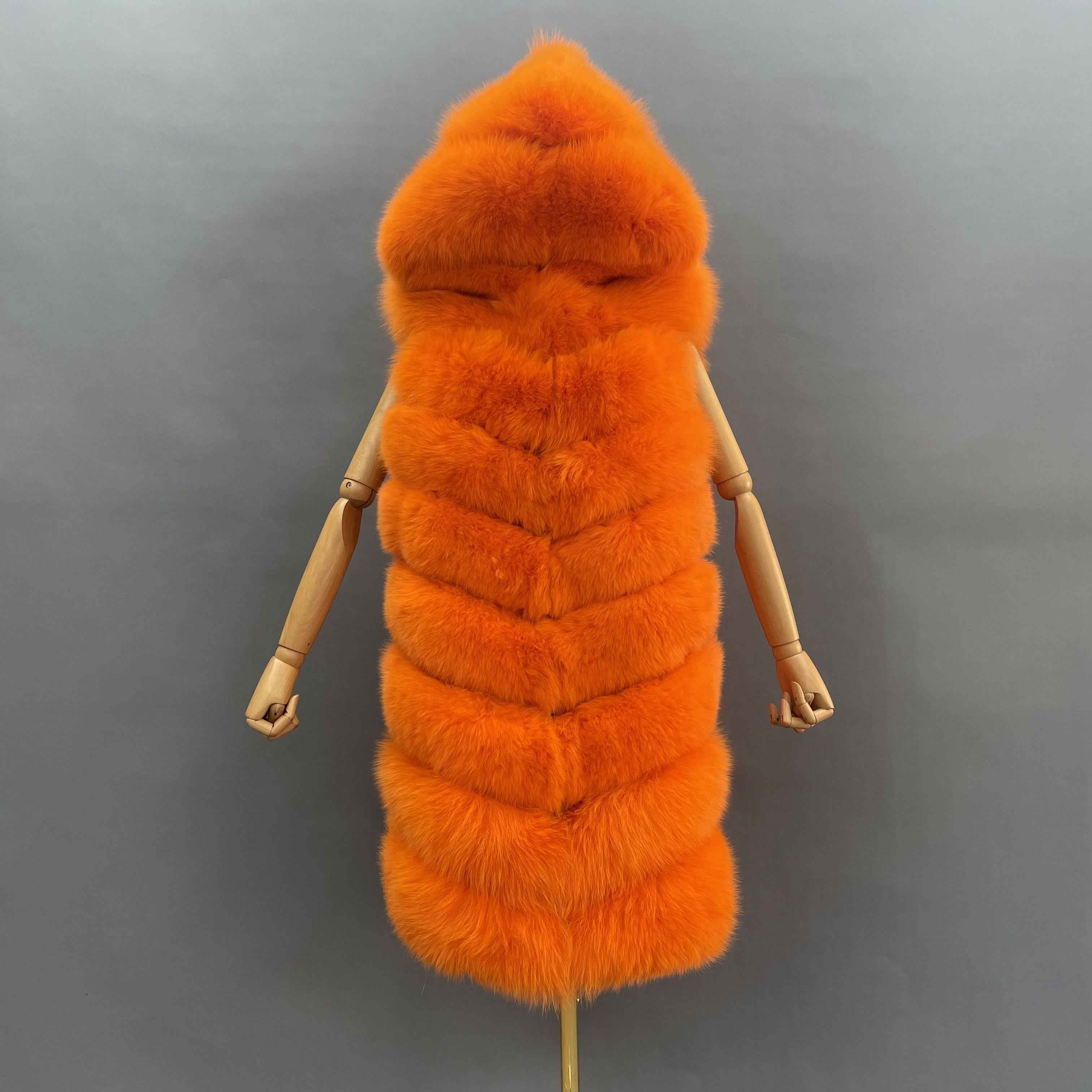 Women's 8-Panel Hooded Fox Fur Long Vest - Luxurious Outerwear Orange