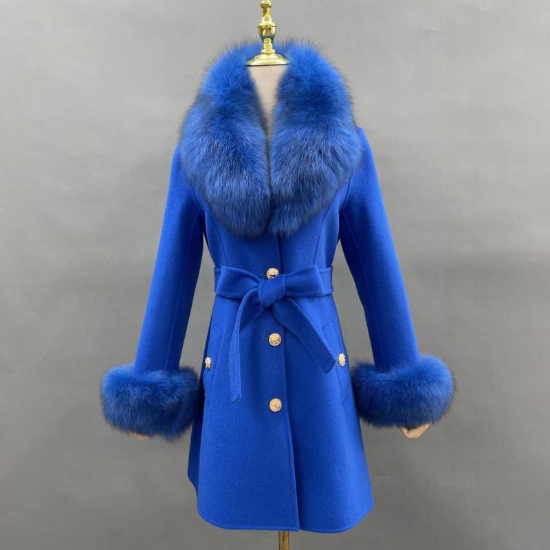 Single Breasted Lace-up Cashmere Coat Dark Blue
