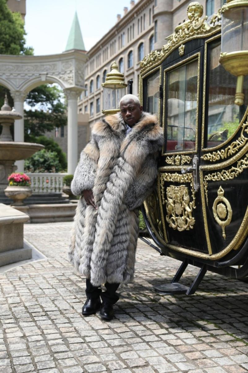 Men's Long Coat with a Golden Island Fox Fur Collar and Buttoned Front