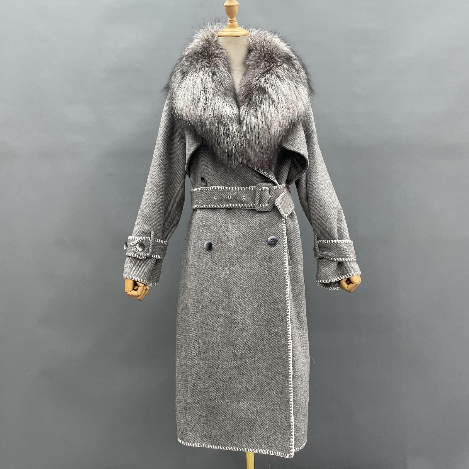 Women's Double-faced Wool Coat with Luxurious Silver Fox Fur Collar Cashmere Jacket