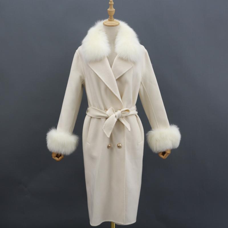 Women's Long Cashmere Coat With Fox Fur Collar And Belt White