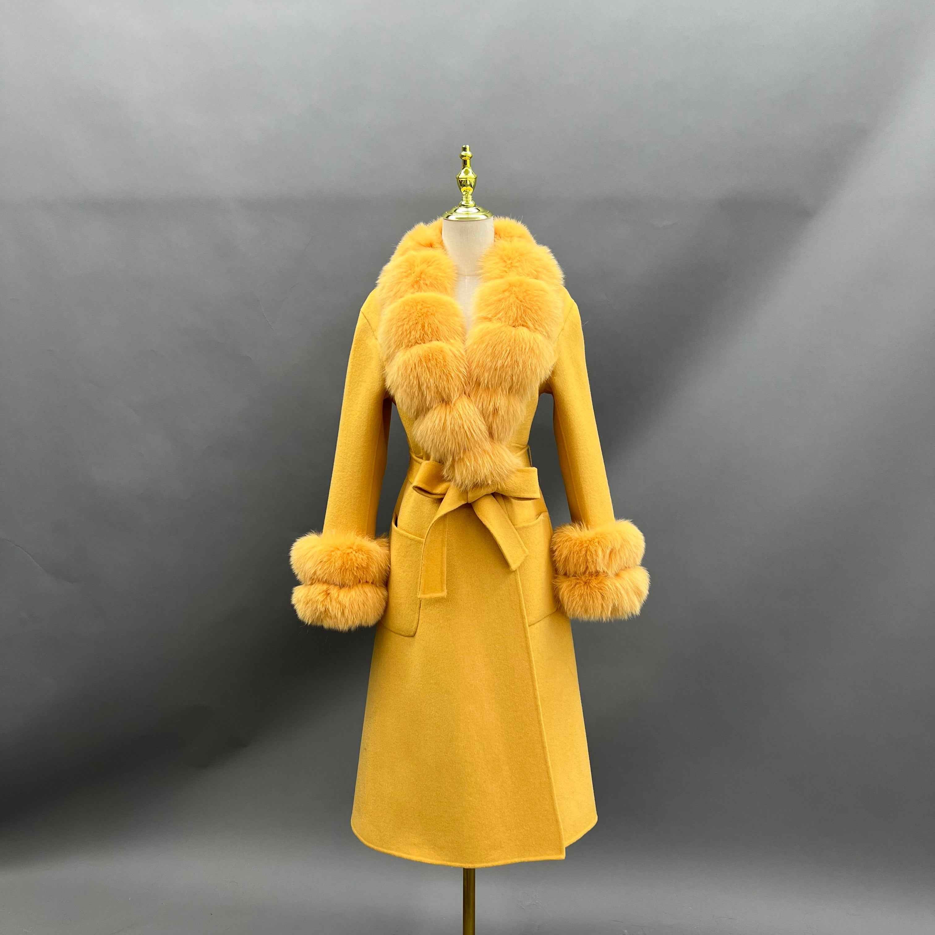 Women's Luxury Double - Faced Wool Coat with Segmented Fox Fur Collar, Two - Section Cuffs, Flared Skirt & Belt Yellow