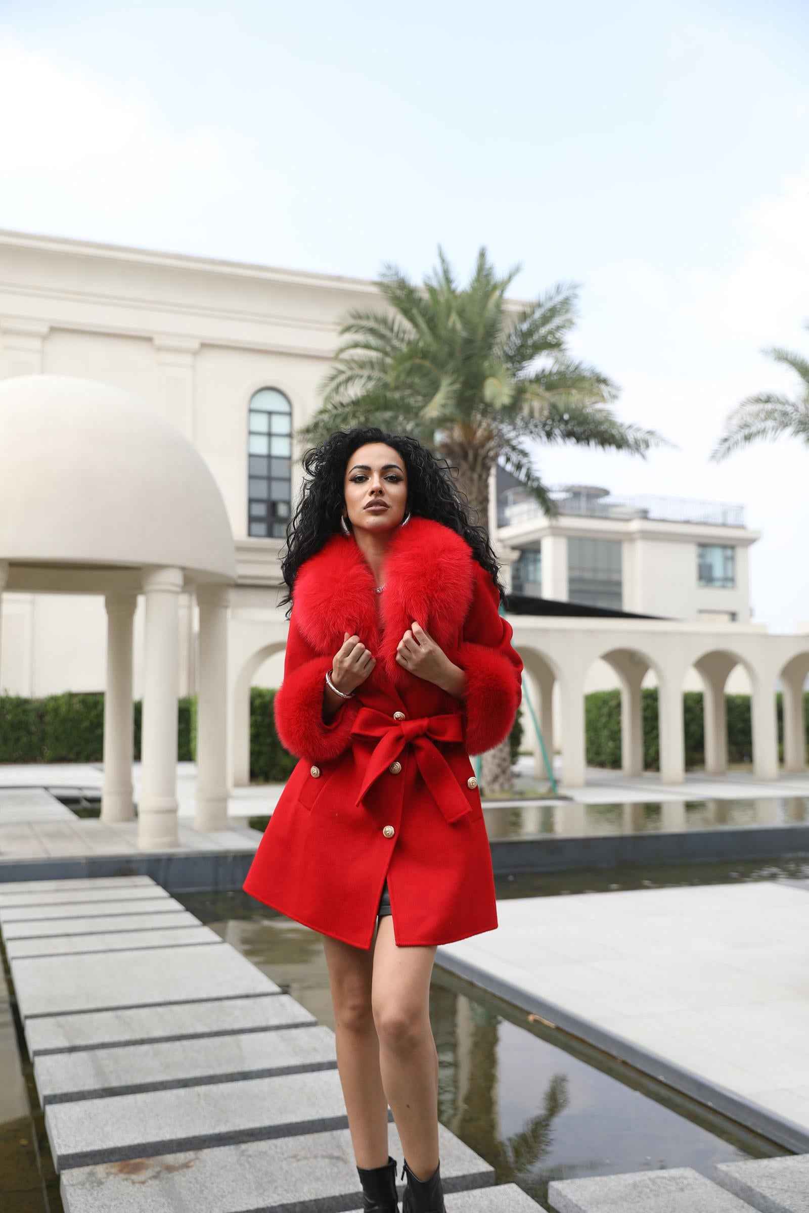 Double-Faced Fleece Coat for Women Elegant Notched Lapel Belted Double-Faced Wool Outer Jacket