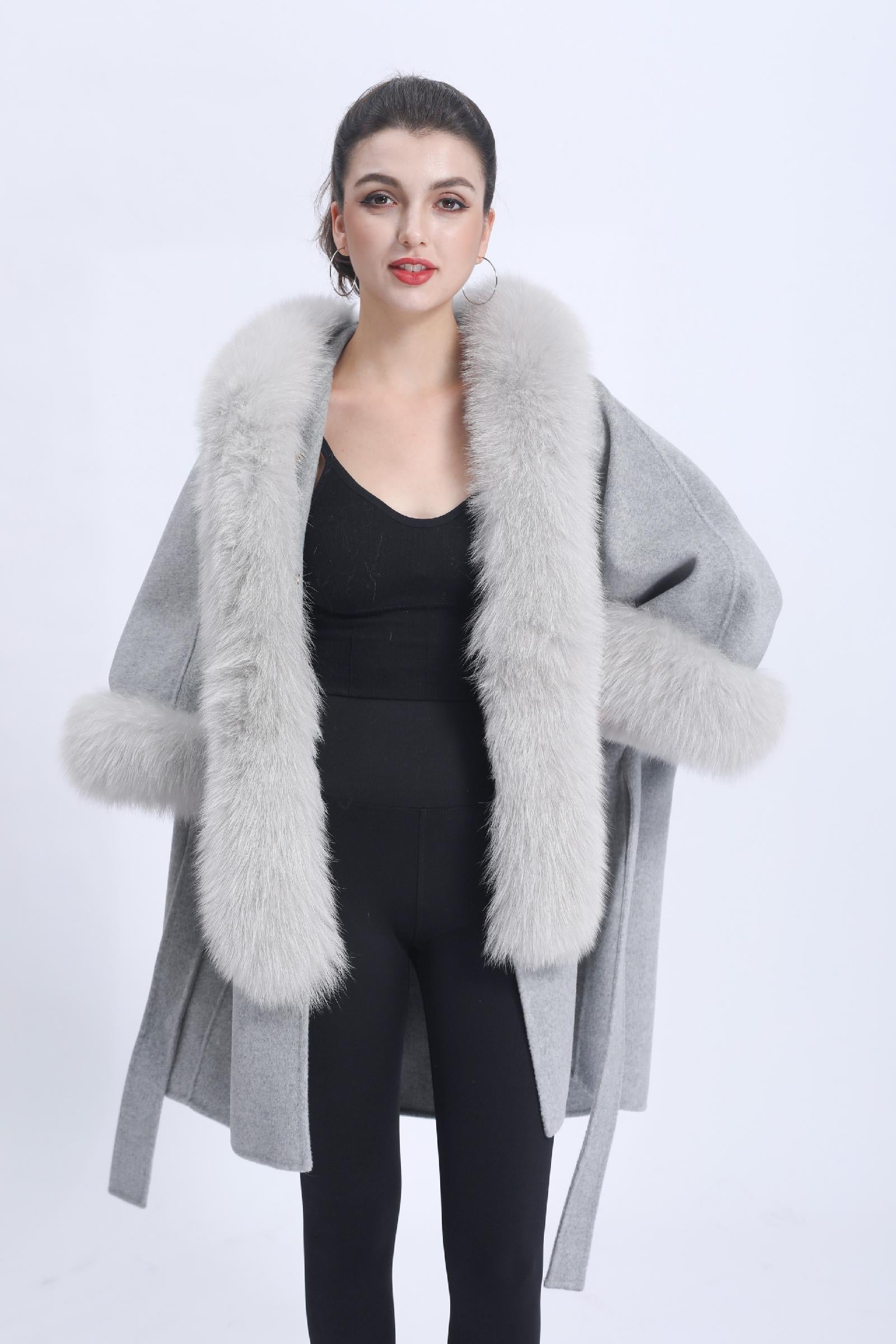 Wool Double-faced Coat with Fur Lapel Women's Casual Coat Cashmere Outerwear
