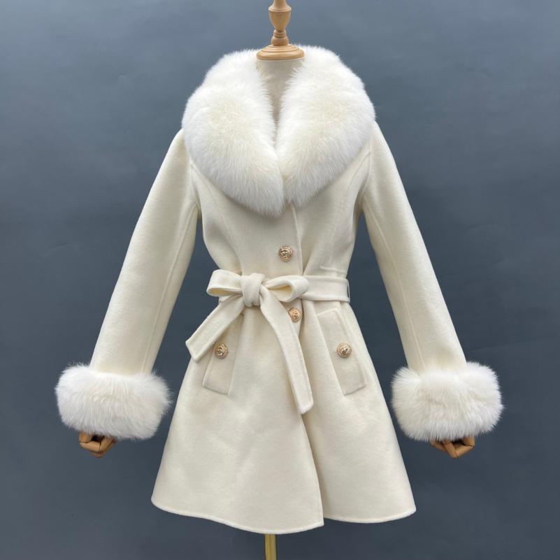 Single Breasted Lace-up Cashmere Coat White