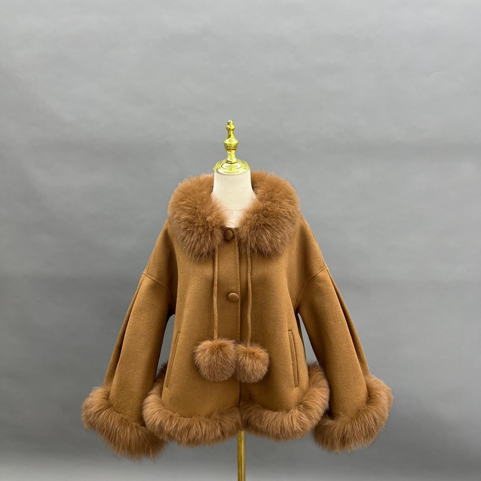 Double-Faced Cashmere Jacket for Women Classic Square Collar Pom-Pom Double-Faced Wool Jacket