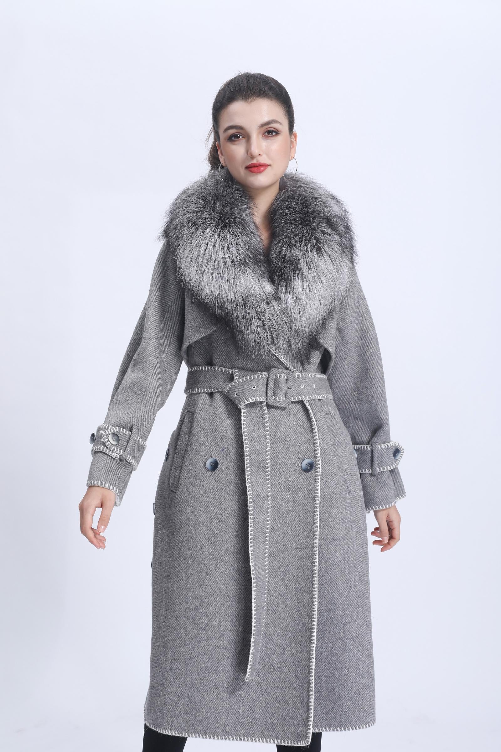Women's Double-faced Wool Coat with Luxurious Silver Fox Fur Collar Cashmere Jacket Grey