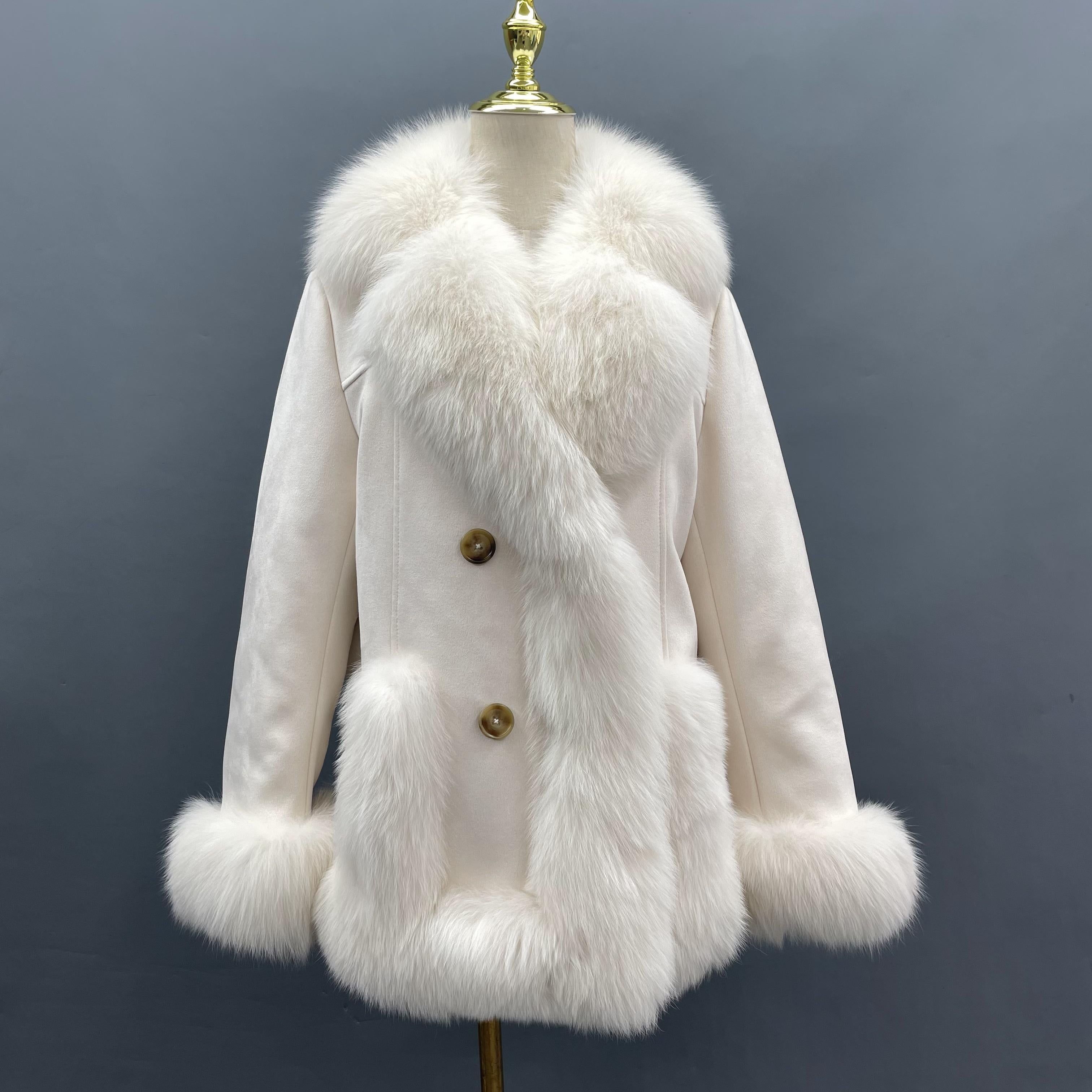 Suede Double Breasted Goose Down Women's Jacket with Suit Collar White F-chest 108cm