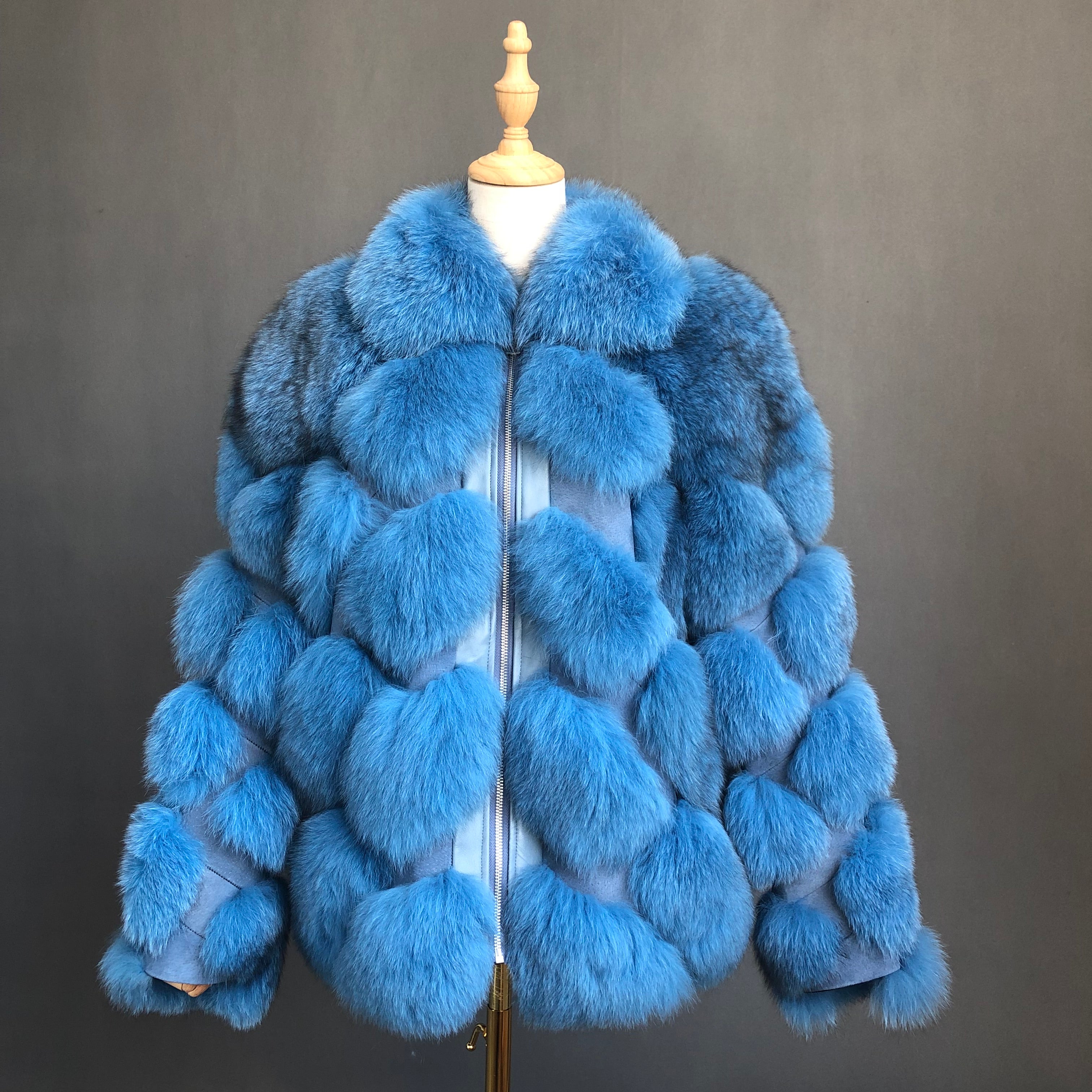 Women's Luxury Fox Fur Coat with Diamond Pattern - Winter Warm Fashion Fur Jacket Light Blue