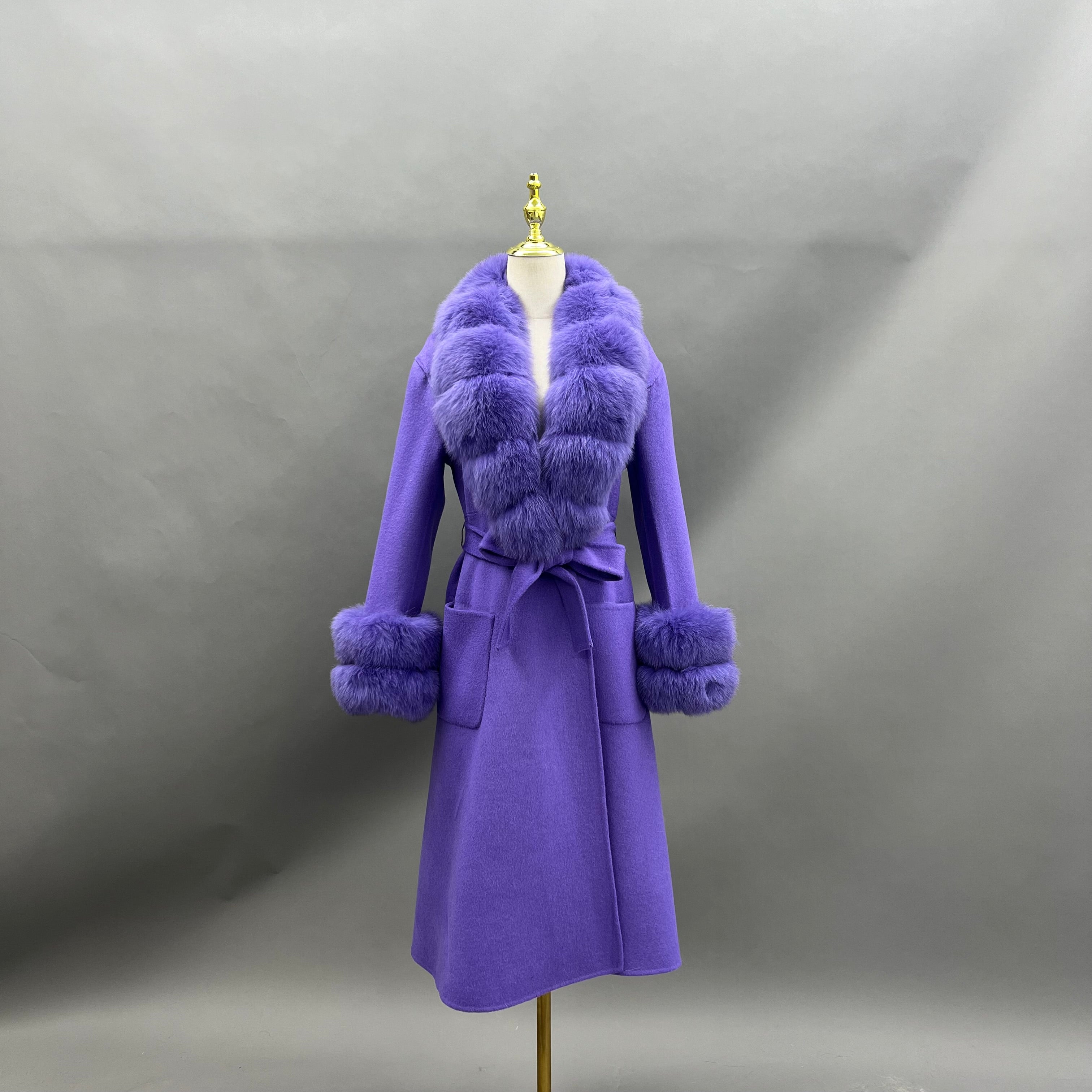 Women's Luxury Double - Faced Wool Coat with Segmented Fox Fur Collar, Two - Section Cuffs, Flared Skirt & Belt Purple