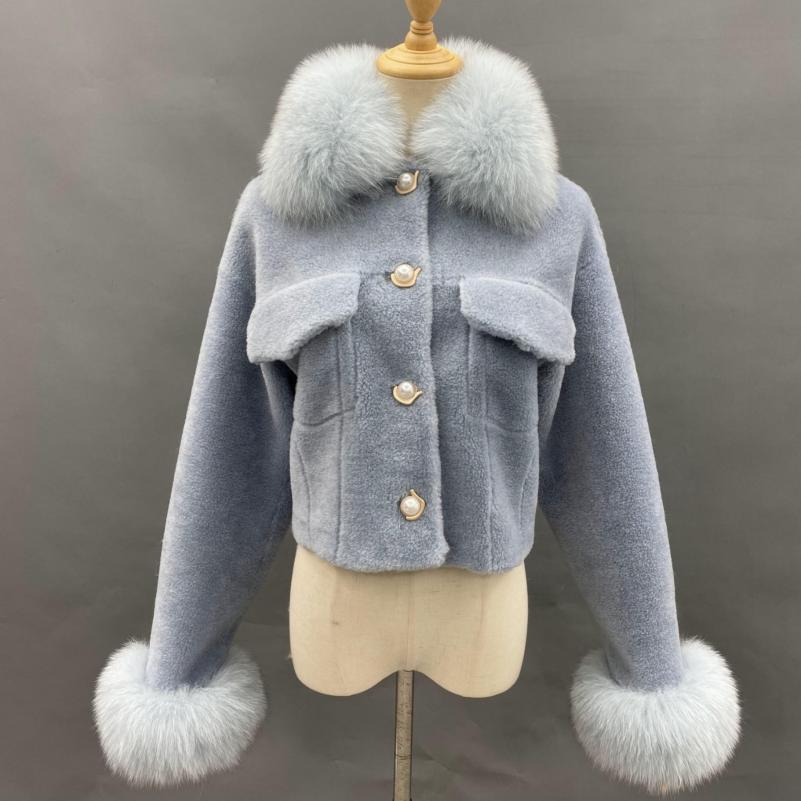 Pearl Button Lapel Shearling Short Jacket Grey Blue