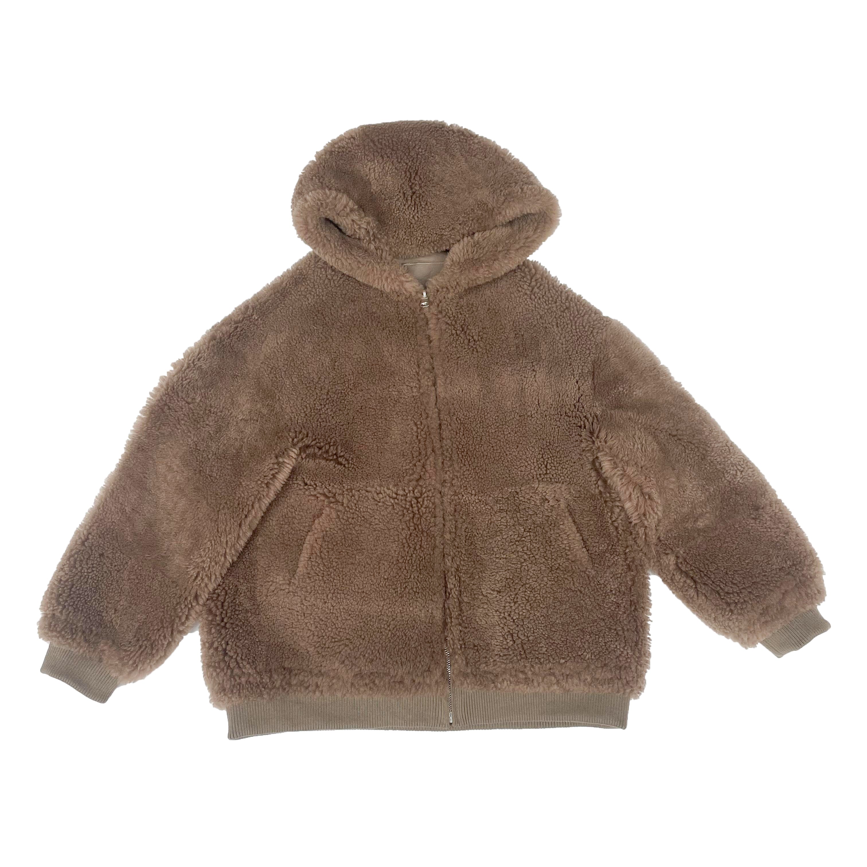 Women's Taupe Sheepskin Shearling Hooded Bomber Jacket - Casual Winter Outerwear