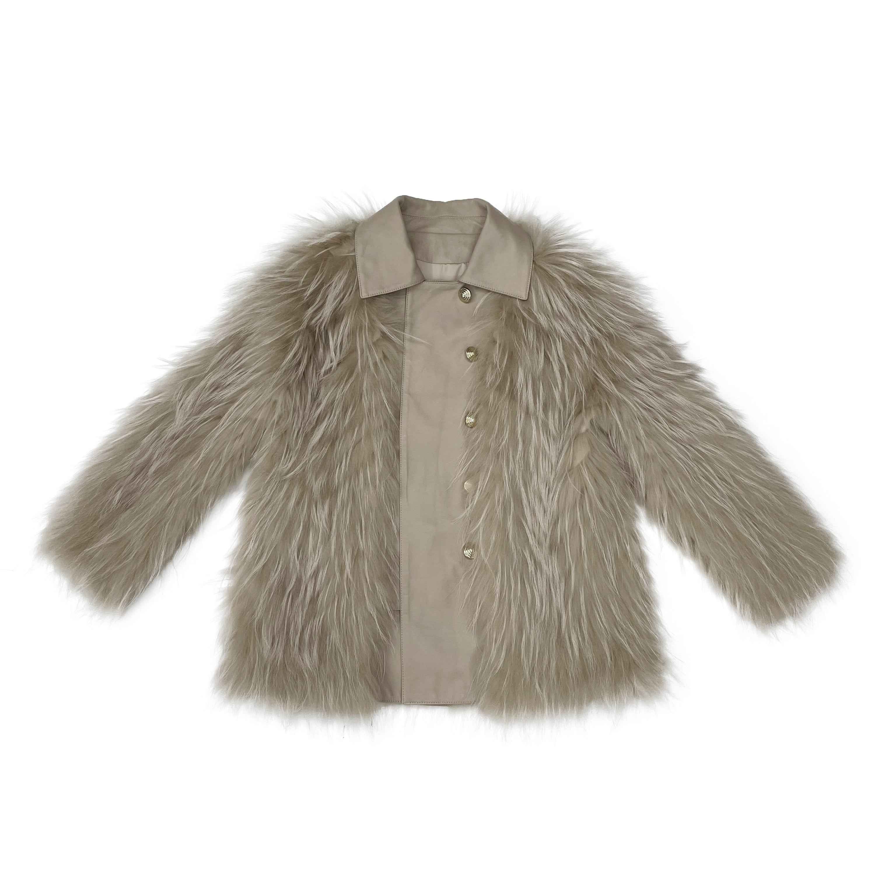 Women's Beige Raccoon Fur Jacket - Notched Lapel Asymmetric Placket Daily Wear Winter Outerwear