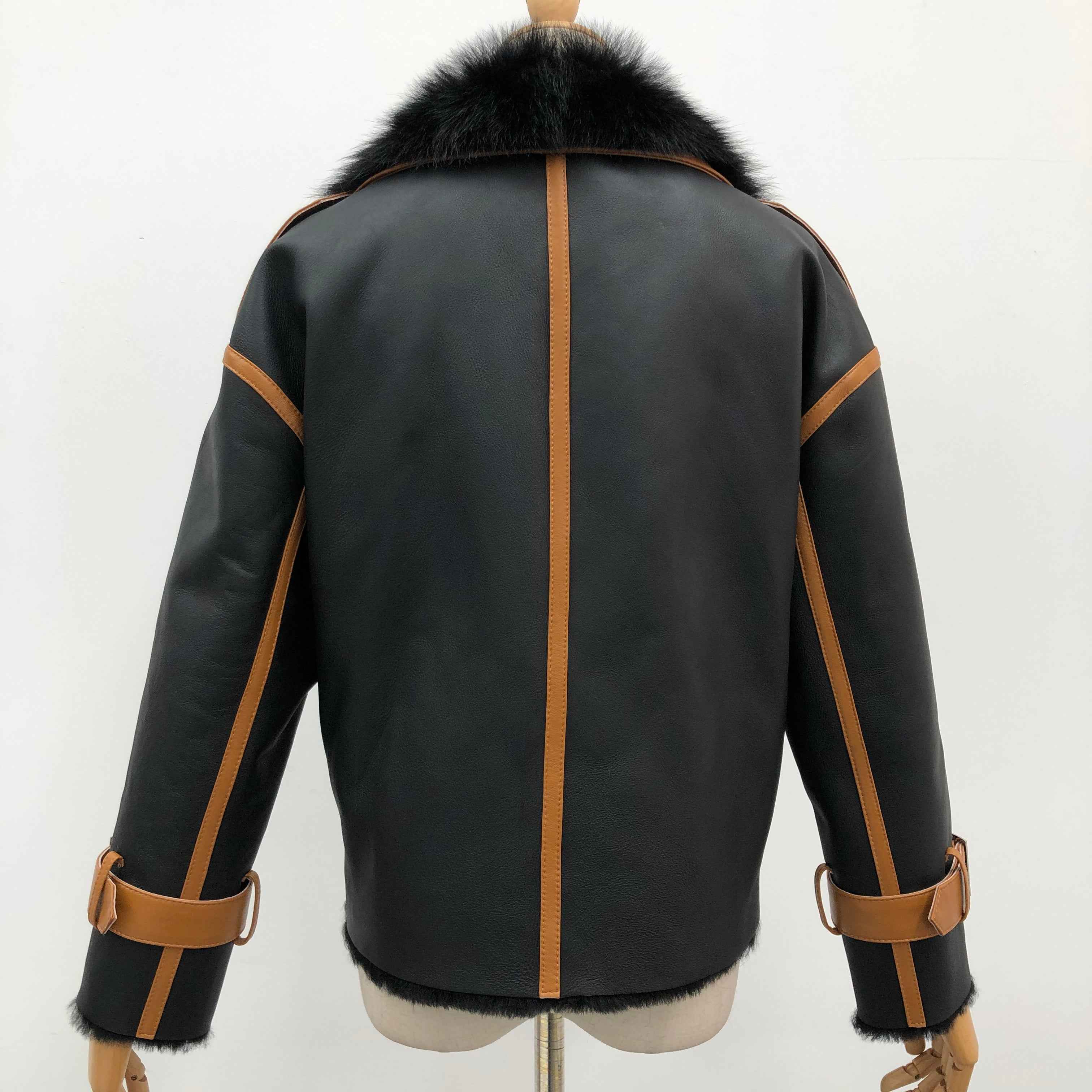 Women's Color-Block Toscana Shearling Asymmetric Biker Jacket with Fur Collar & Buckle Cuffs - Luxe Winter Outerwear