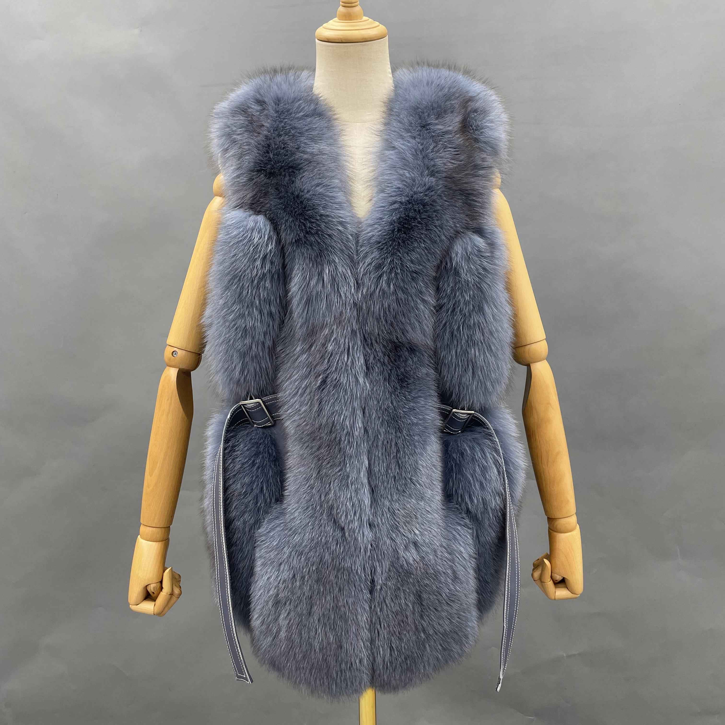 Women's Luxury Fox Fur Coat with Leather Buckle & Flowing Strap - Tufted Detail Designer Outerwear Blue