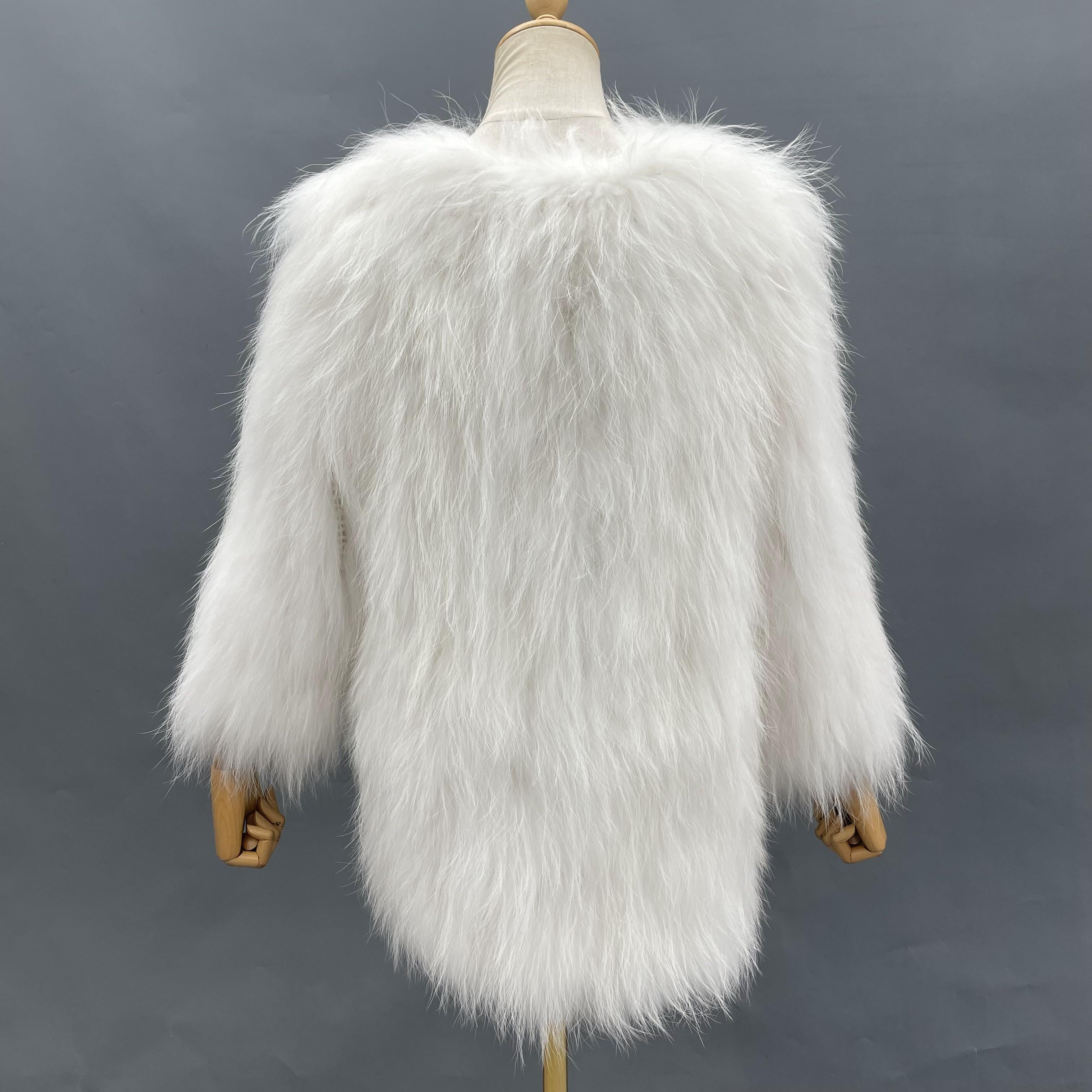 Women's Knitted Raccoon Dog Fur Mid-Length Coat with Crew Neck - Luxurious Winter Outerwear