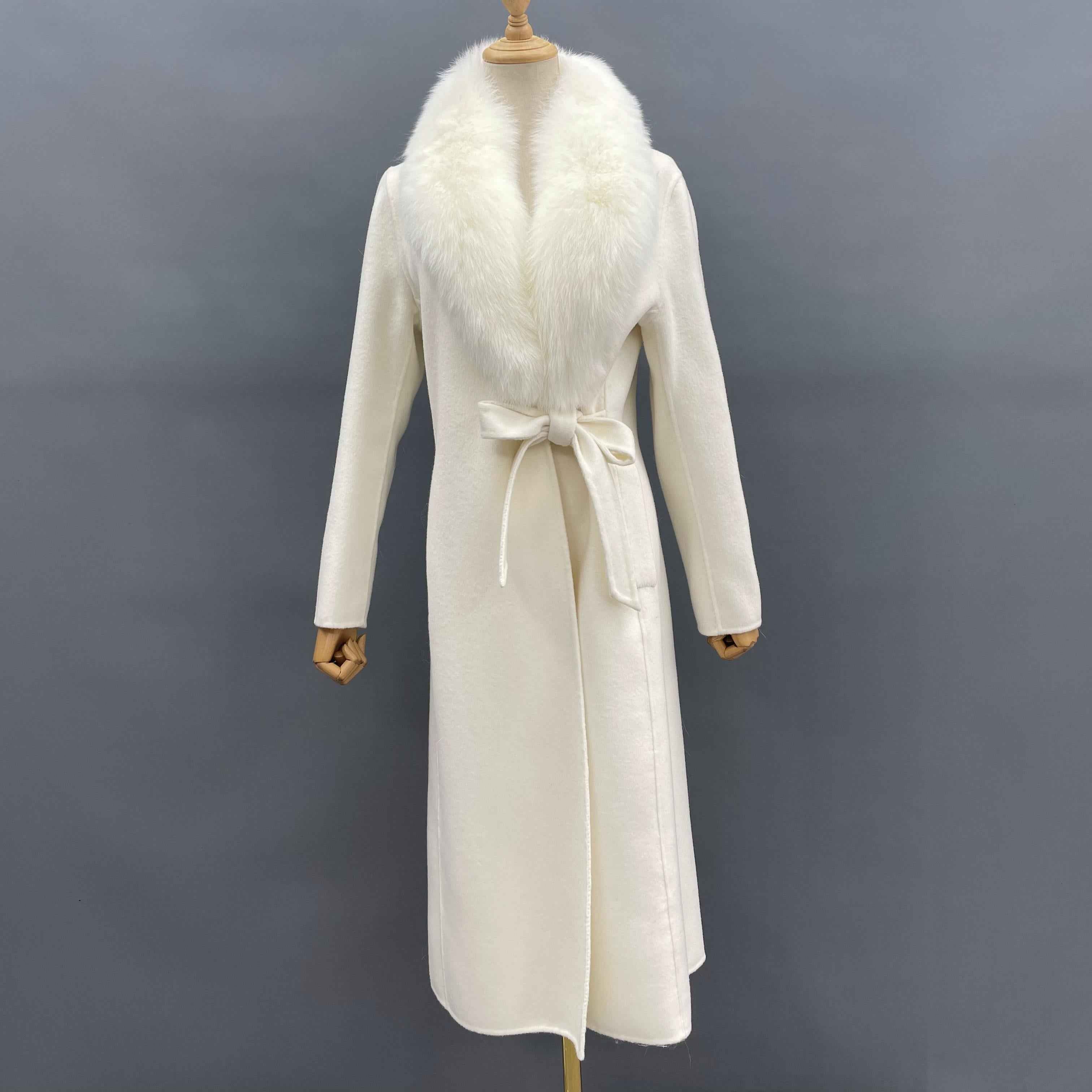 Women's Double-Faced Wool Coat with Shawl Collar, Side Tie & Waist-Defining Design - Fox Fur Trimmed Elegant Winter Outerwear