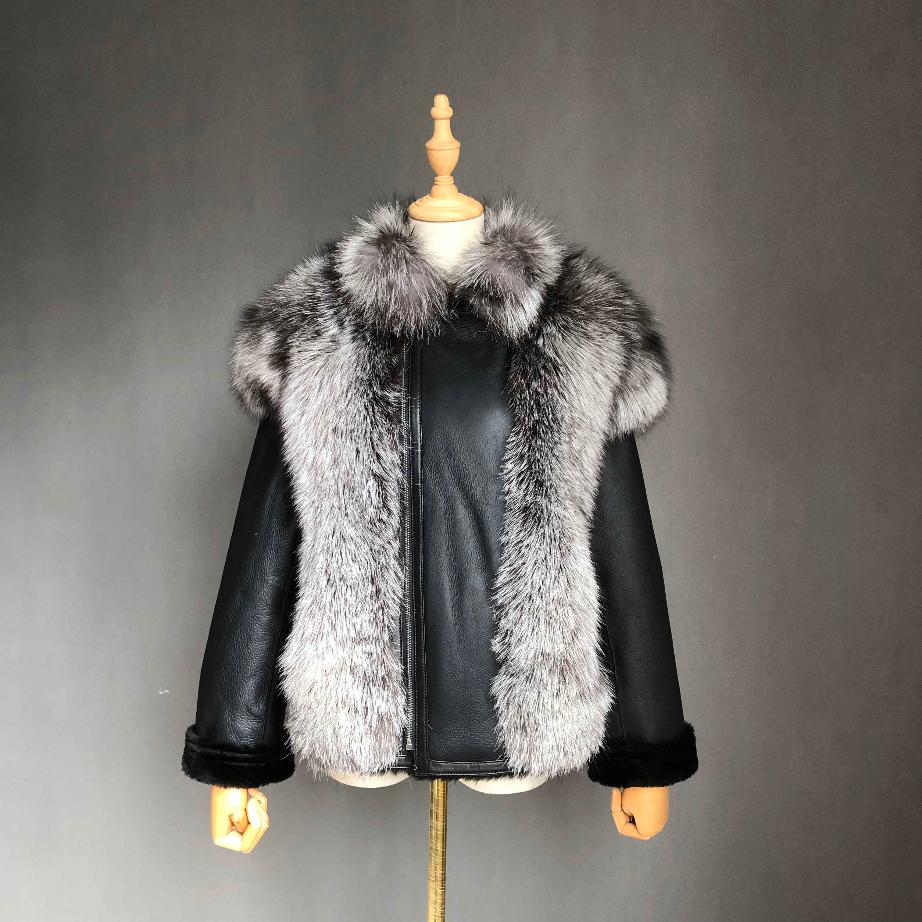 Women's Shearling Leather Coat with Raccoon Fur Trim - Windproof Luxury Winter Outerwear Sliver