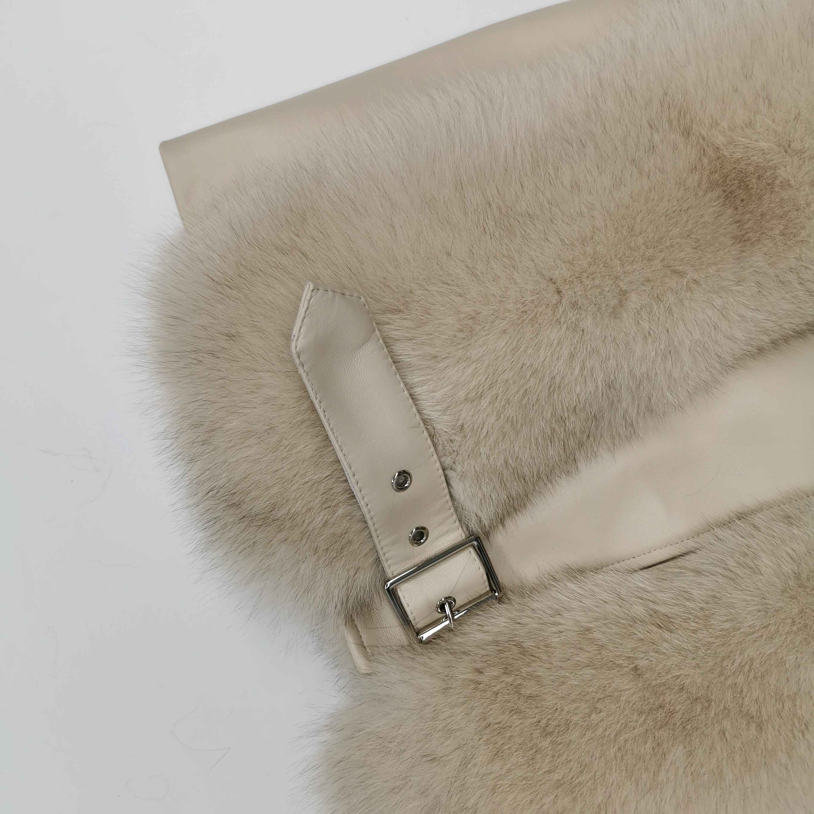 Women's Fox Fur Vest with Leather Collar - Edgy Buckle-Accented Outerwear