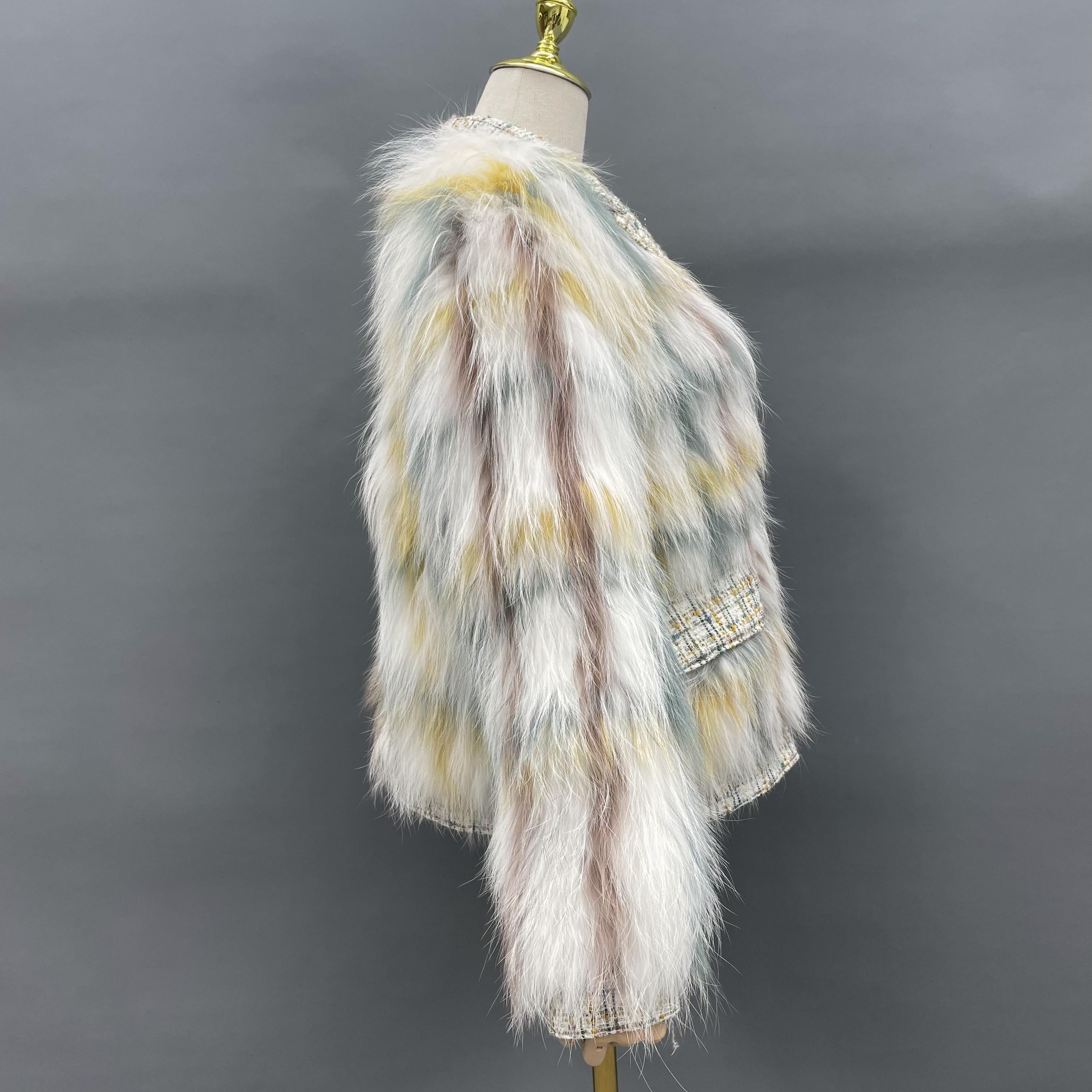 Women's Luxurious Raccoon Dog Fur Jacket with Chanel-Style Tweed & Notched Lapel - Knitted Winter Outerwear