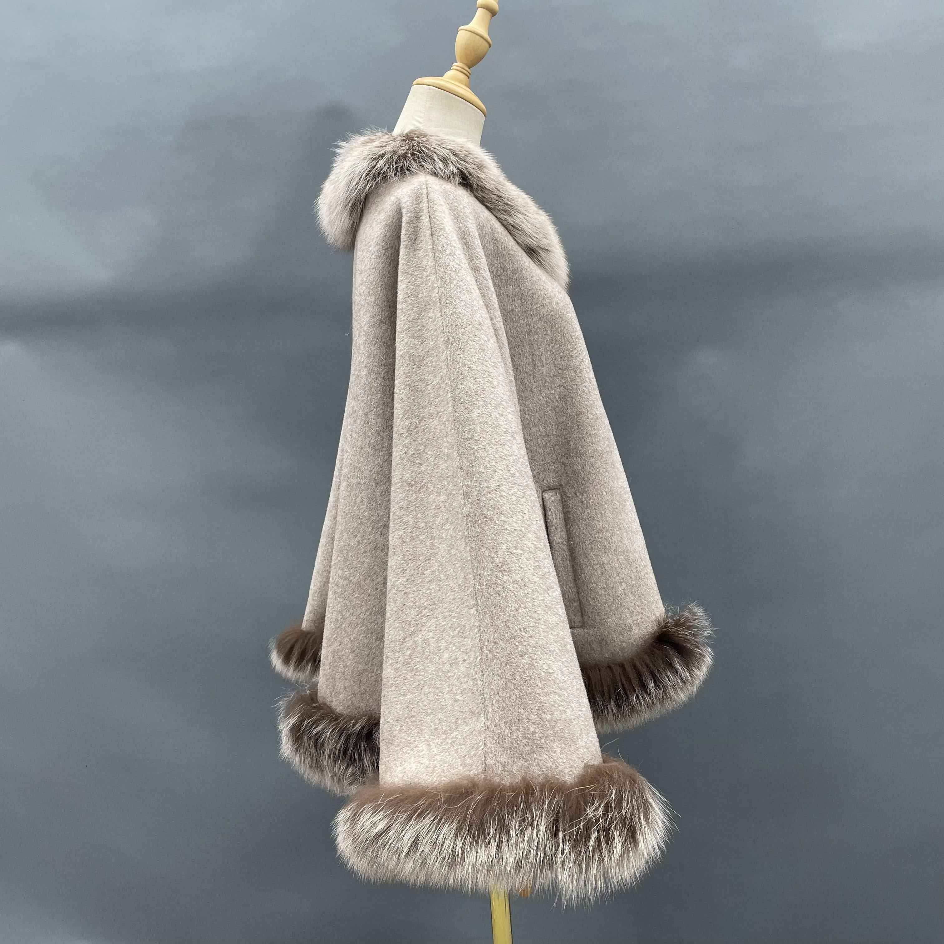 Women's French Designer Style Double-Faced Wool Cape with Fox Fur Trim at Hem - Elegant Luxury Winter Outerwear