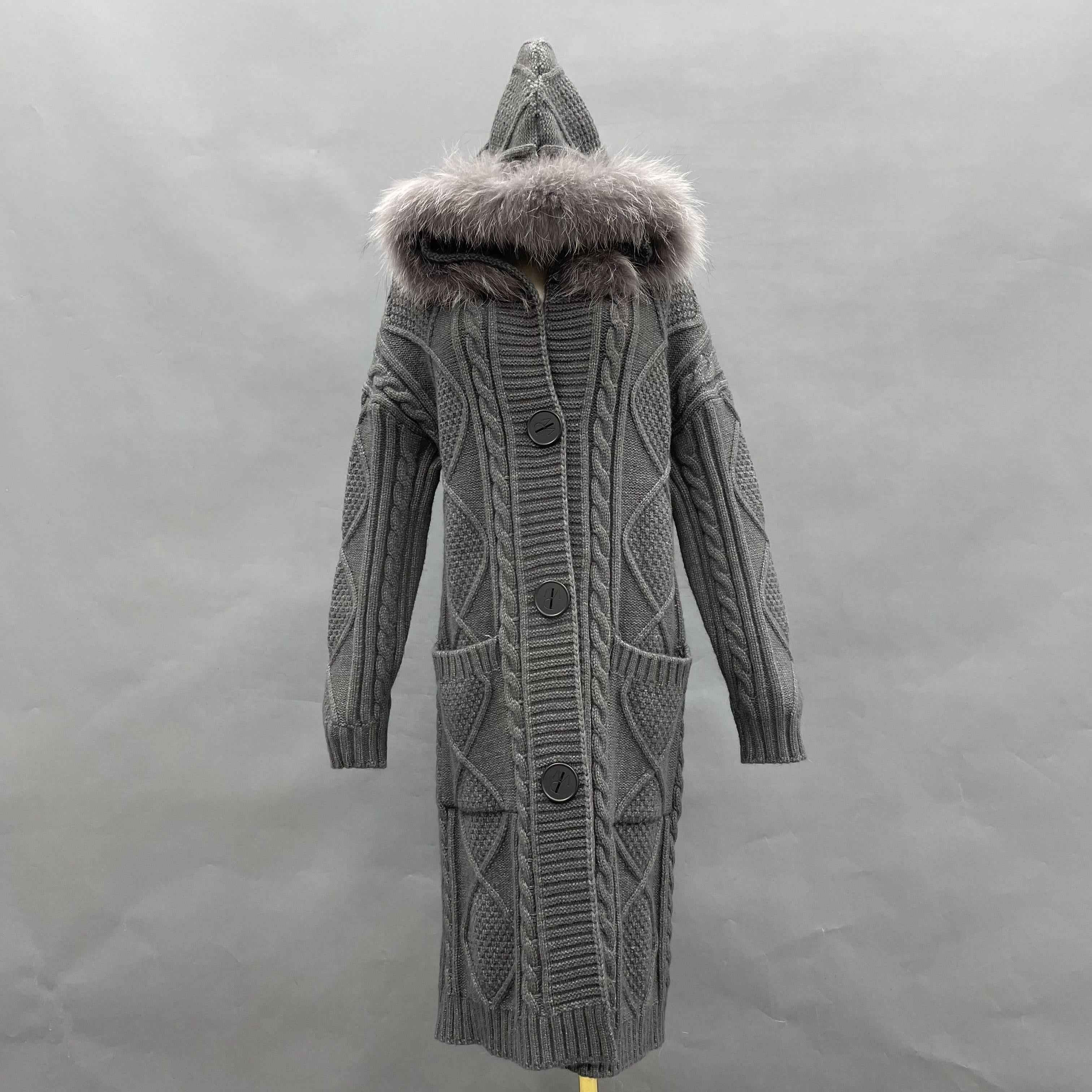 Women's Hooded Knitted Coat with Raccoon Fur-Trimmed Hood, Oversized Buttons & Cable-Knit Pattern - Cozy Winter Outerwear Grey F-CHEST 104