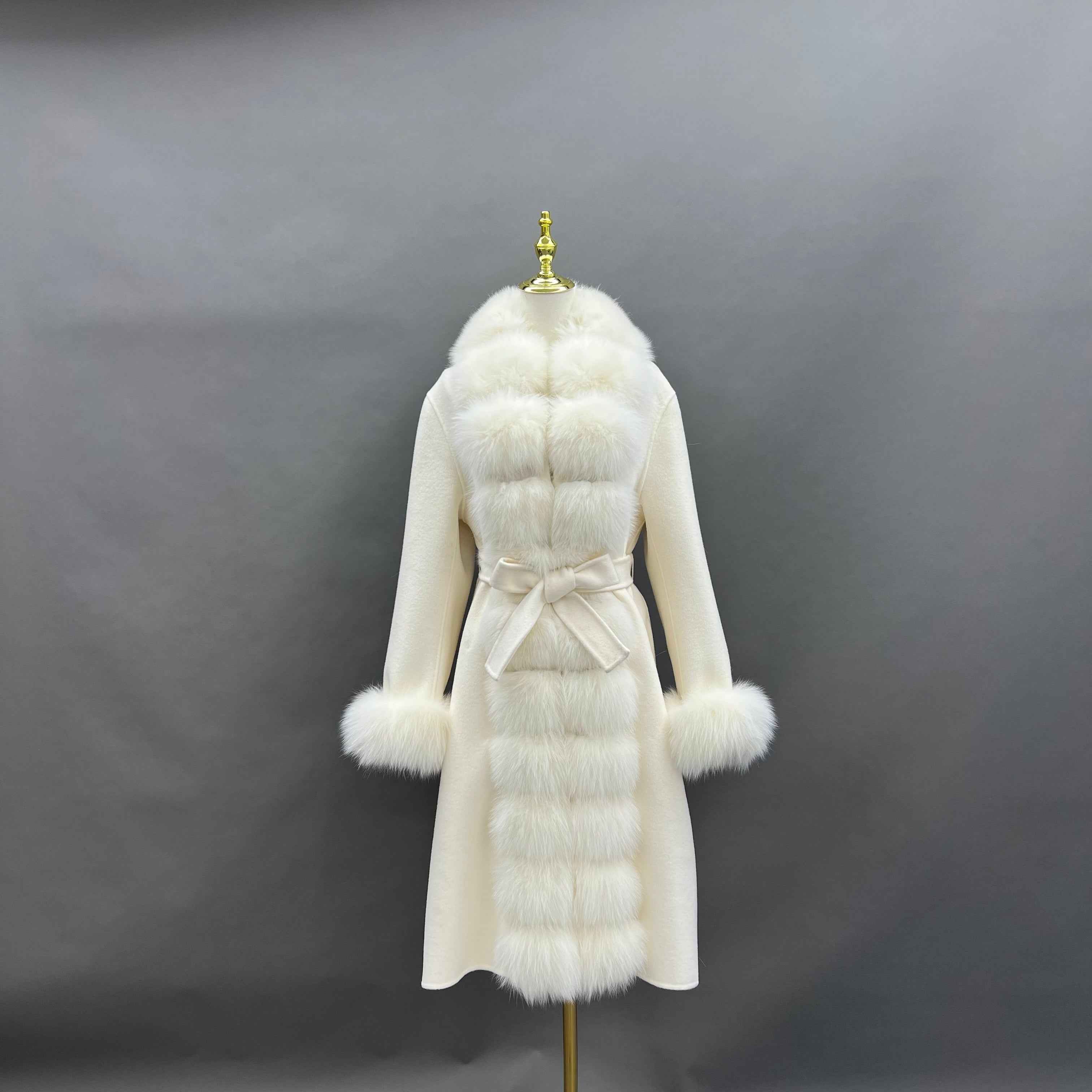 Luxury Cashmere Coat with Tiered Fox Fur Trim and Cuffed Sleeves White