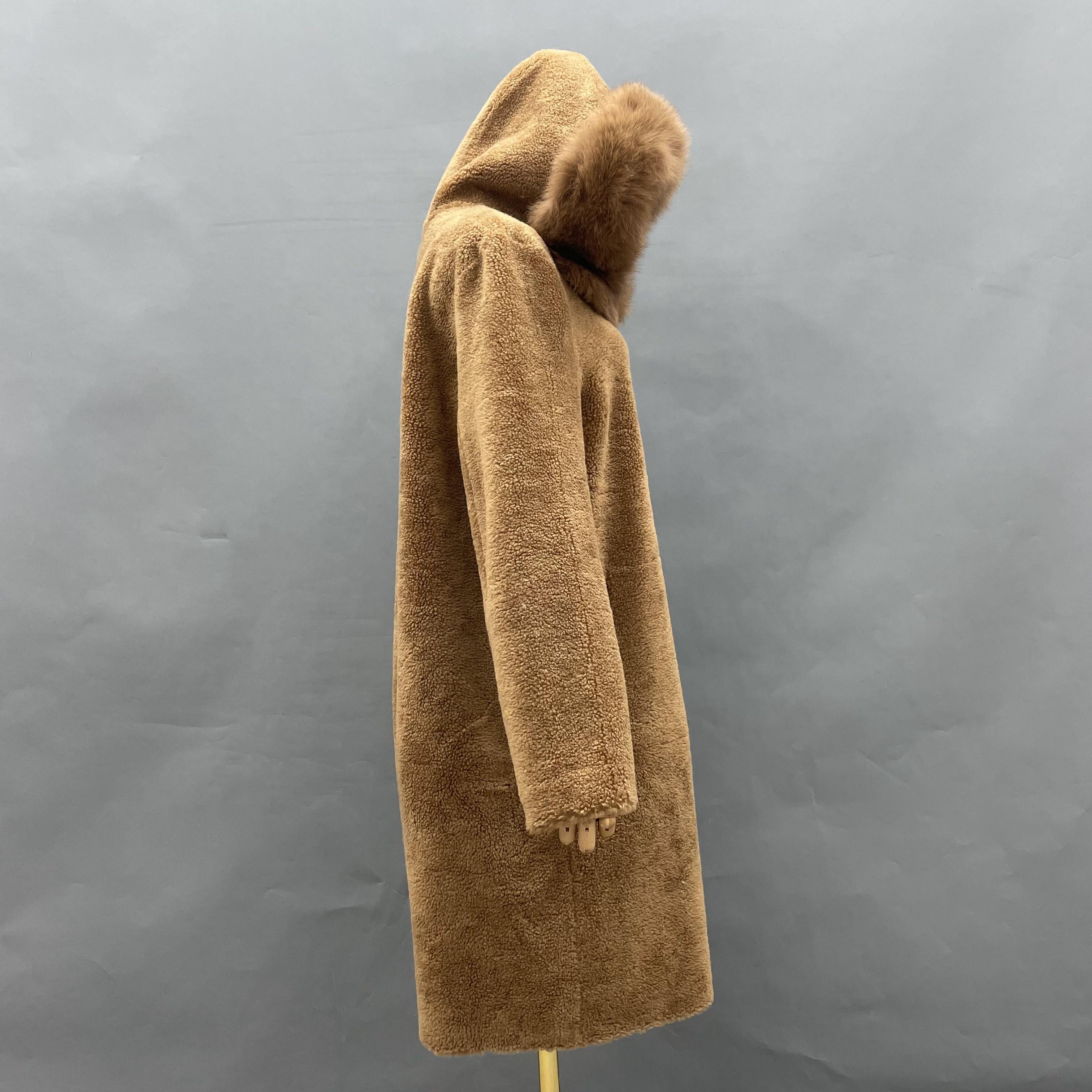 Women's Camel Shearling Long Coat with Fox Fur Trim Hood - Luxe Winter Outerwear