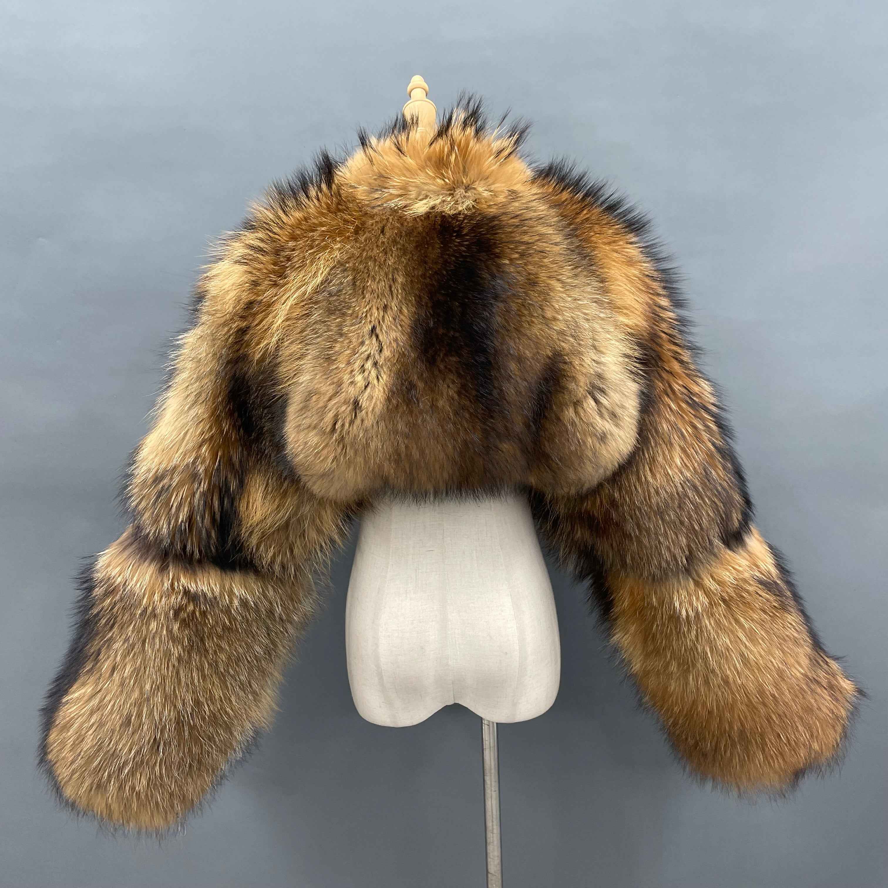Women's Luxury Raccoon Fur Cropped Shrug - Stand Collar Vintage Evening Party Outerwear