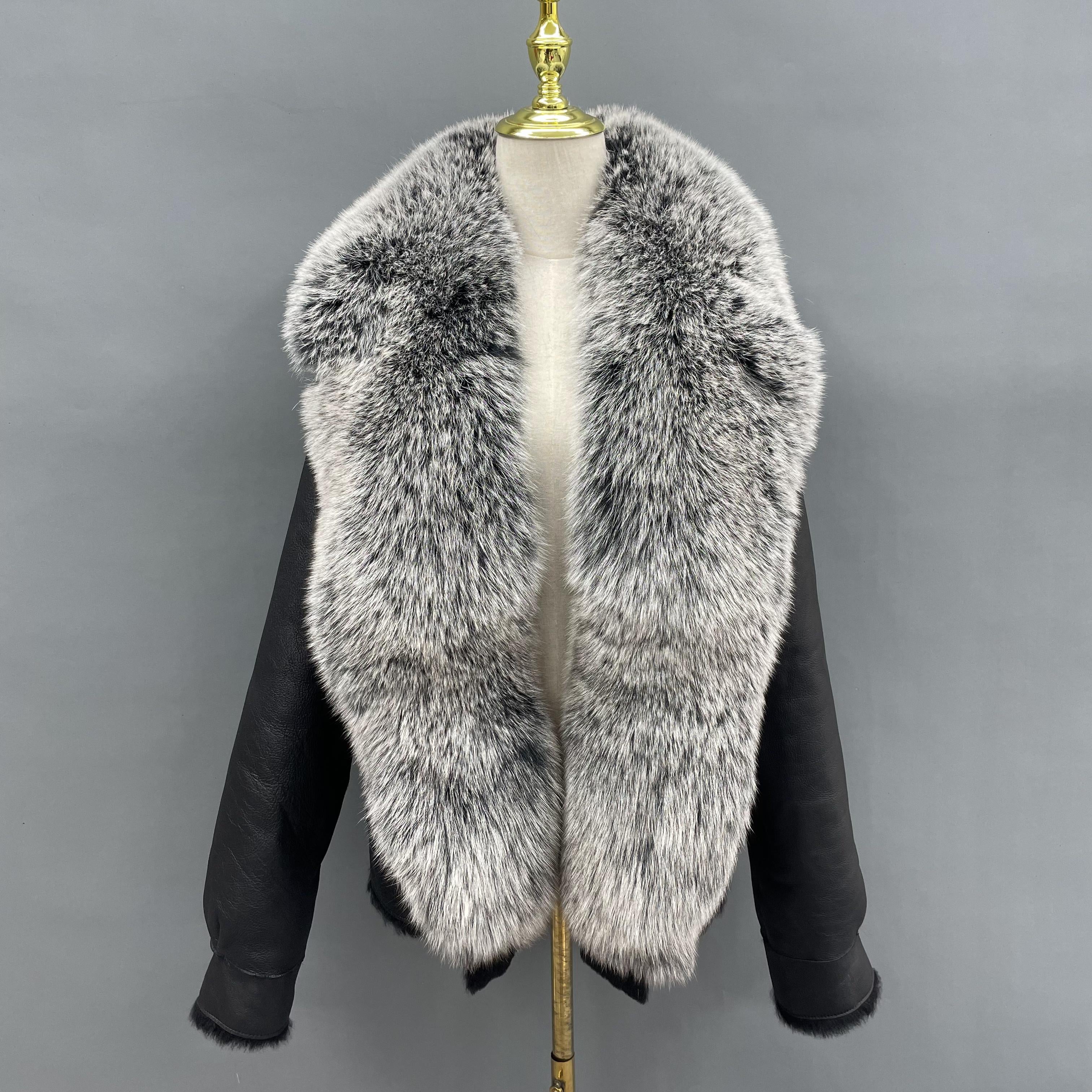 Women's Windproof Shearling Leather Jacket with Oversized Fox Fur Collar - Luxe Winter Outerwear