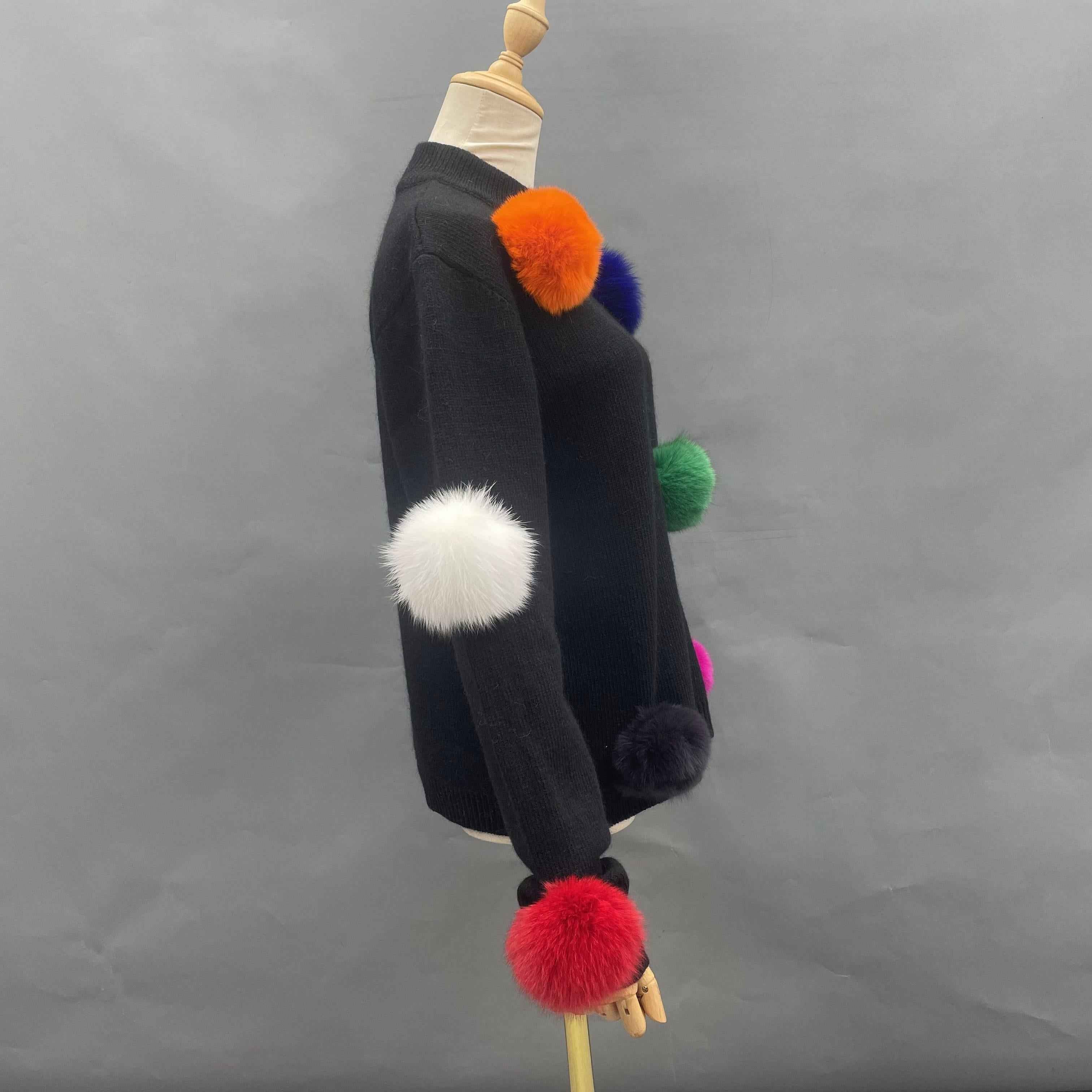 Women's Detachable Colorful Fur Pom-Pom Knitted Sweater - Versatile Casual Fashion Piece