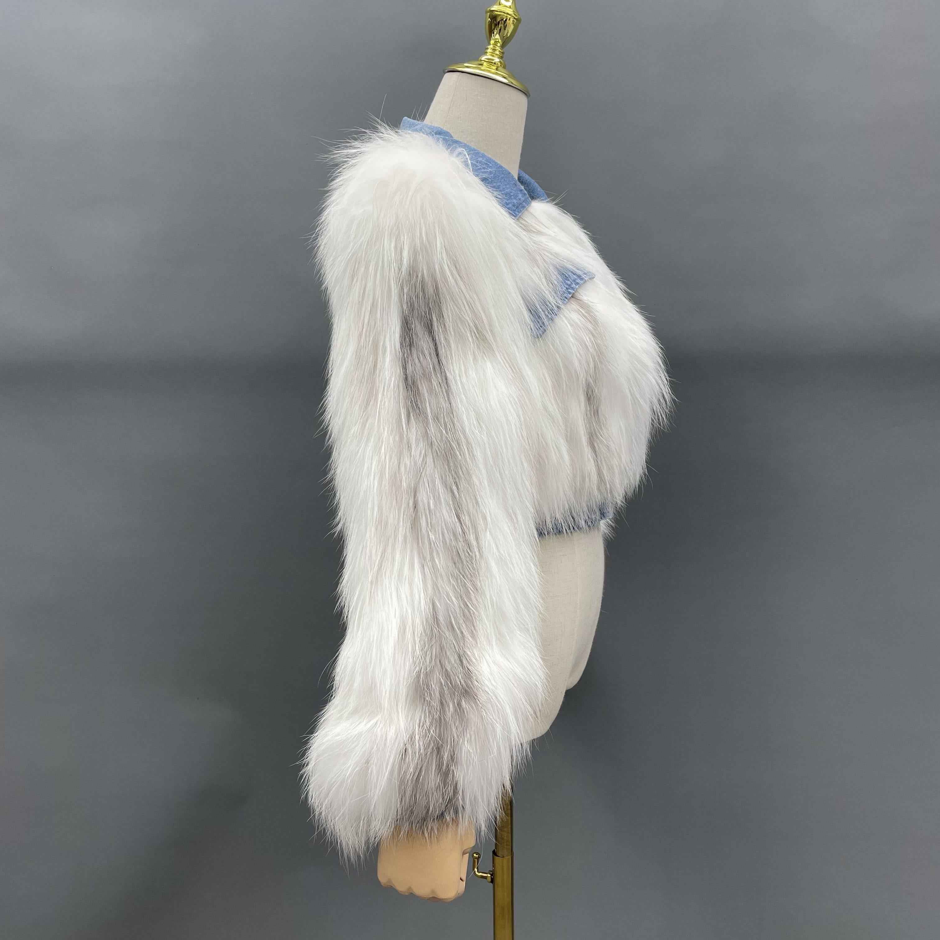 Women's Luxurious Knitted Raccoon Dog Fur Cropped Jacket with Denim Collar & Details - Edgy Winter Outerwear