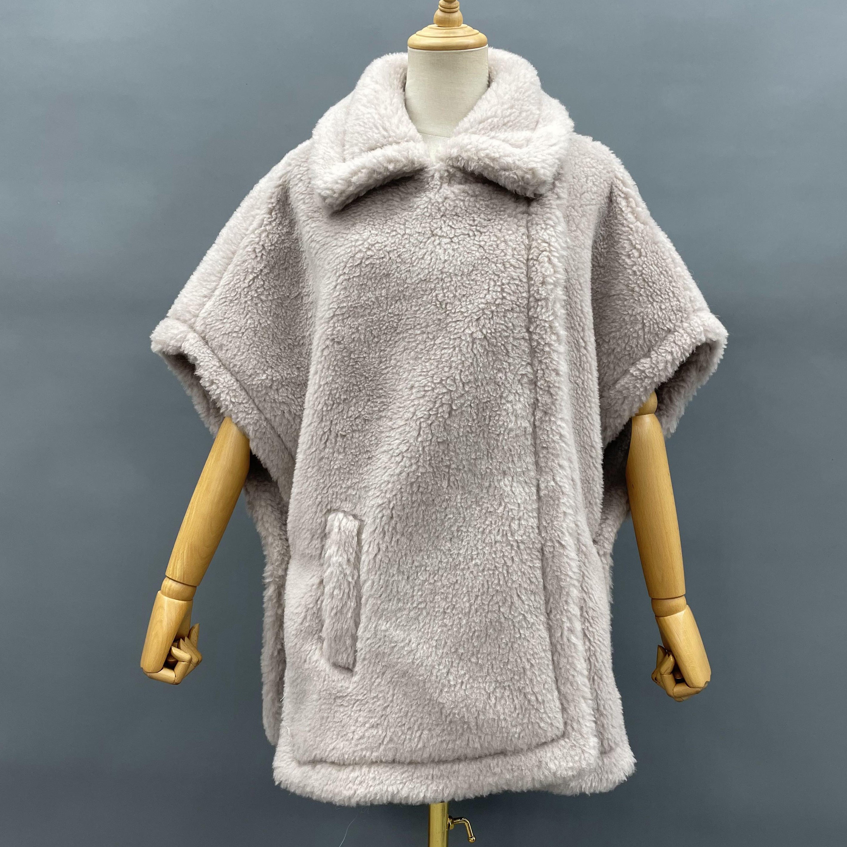 Women's Tan Teddy Fleece Poncho Coat with Notched Lapel & Pocket - Chic Winter Outerwear