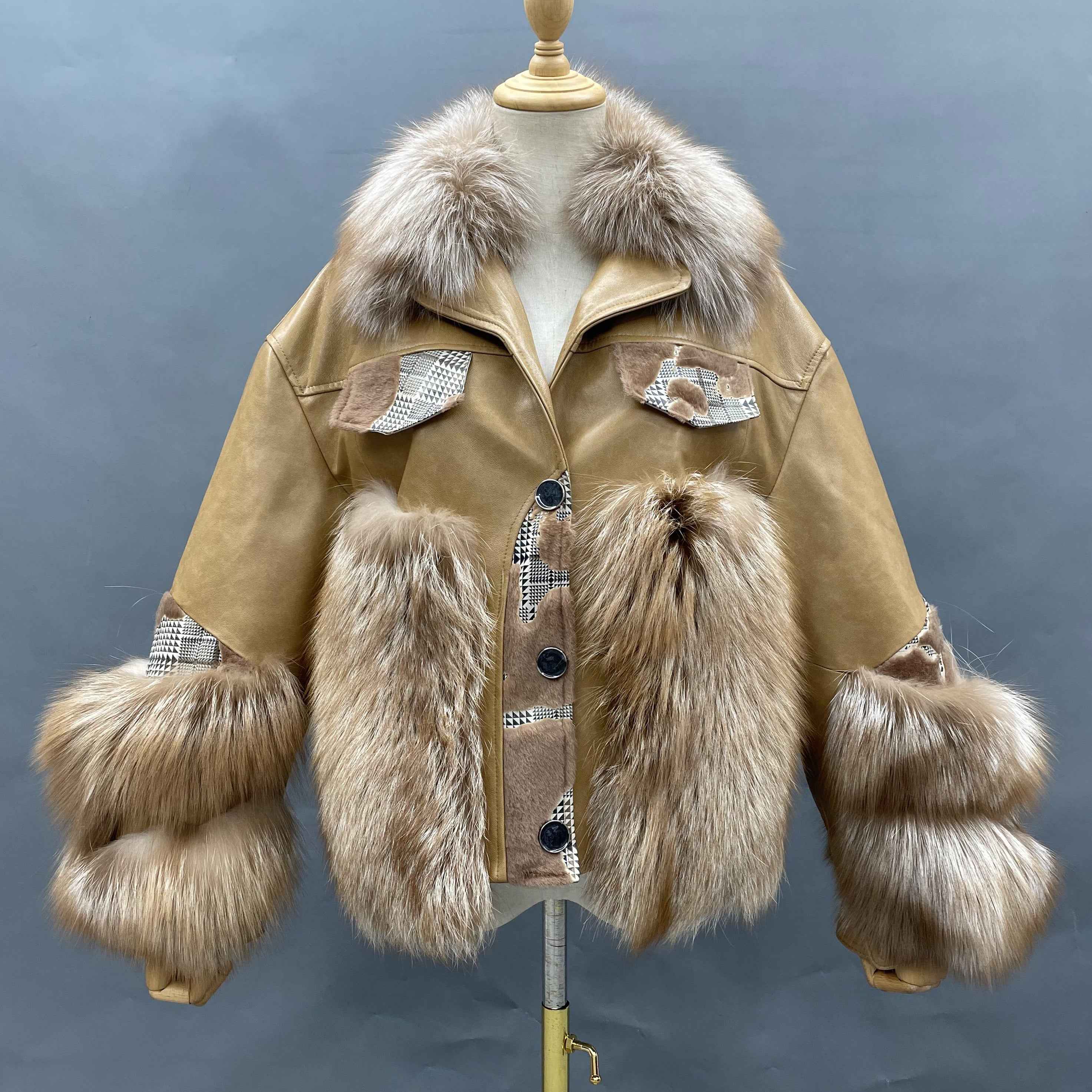 Women's Luxury Teal Fox Fur & Leather Patchwork Jacket - Plaid Detail Button Closure Cropped Winter Fashion Outerwear Camle