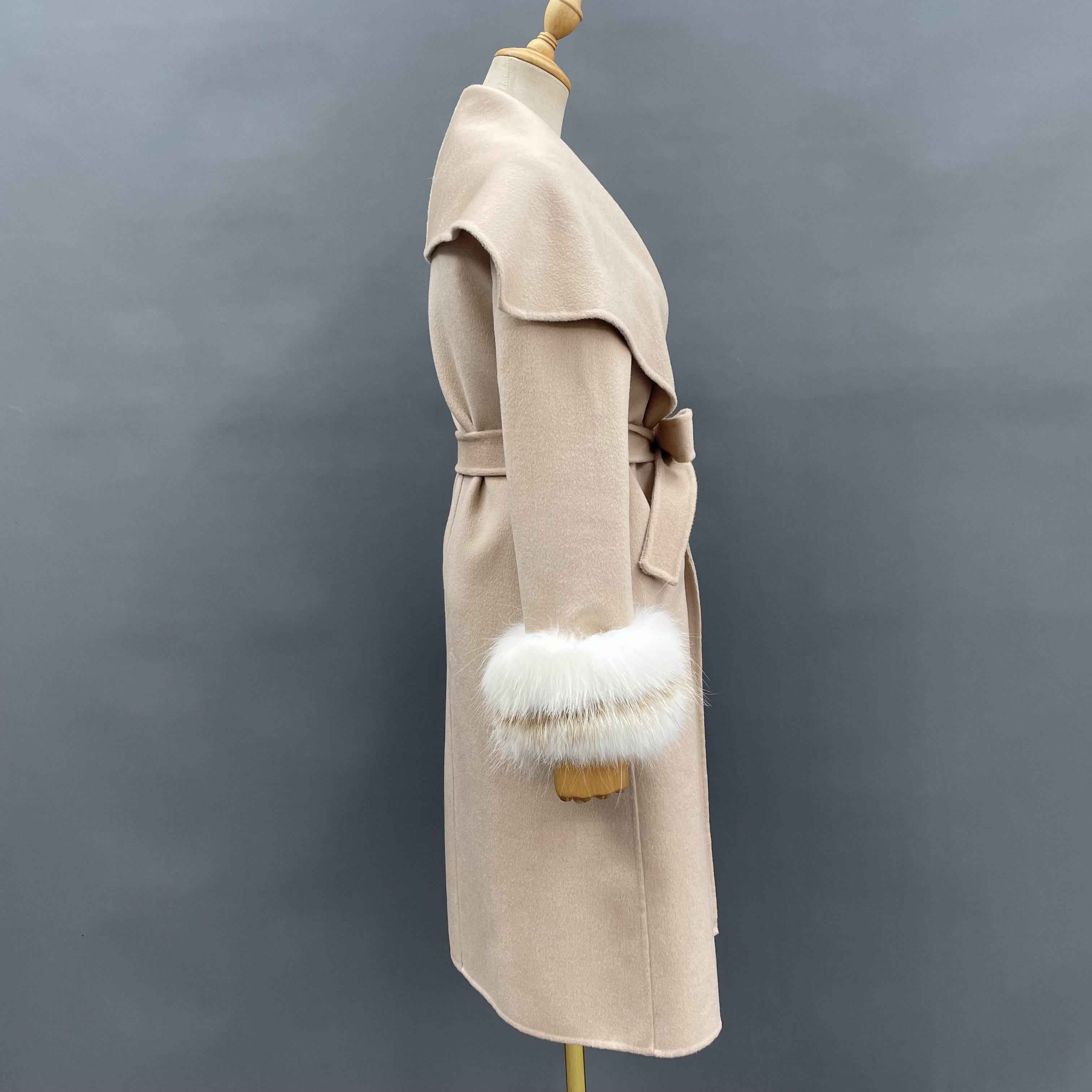 Women's Oversized Shawl Collar Double-Faced Wool Coat with Fox Fur Cuffs & Self-Tie Belt - Knee-Length Luxury Winter Outerwear