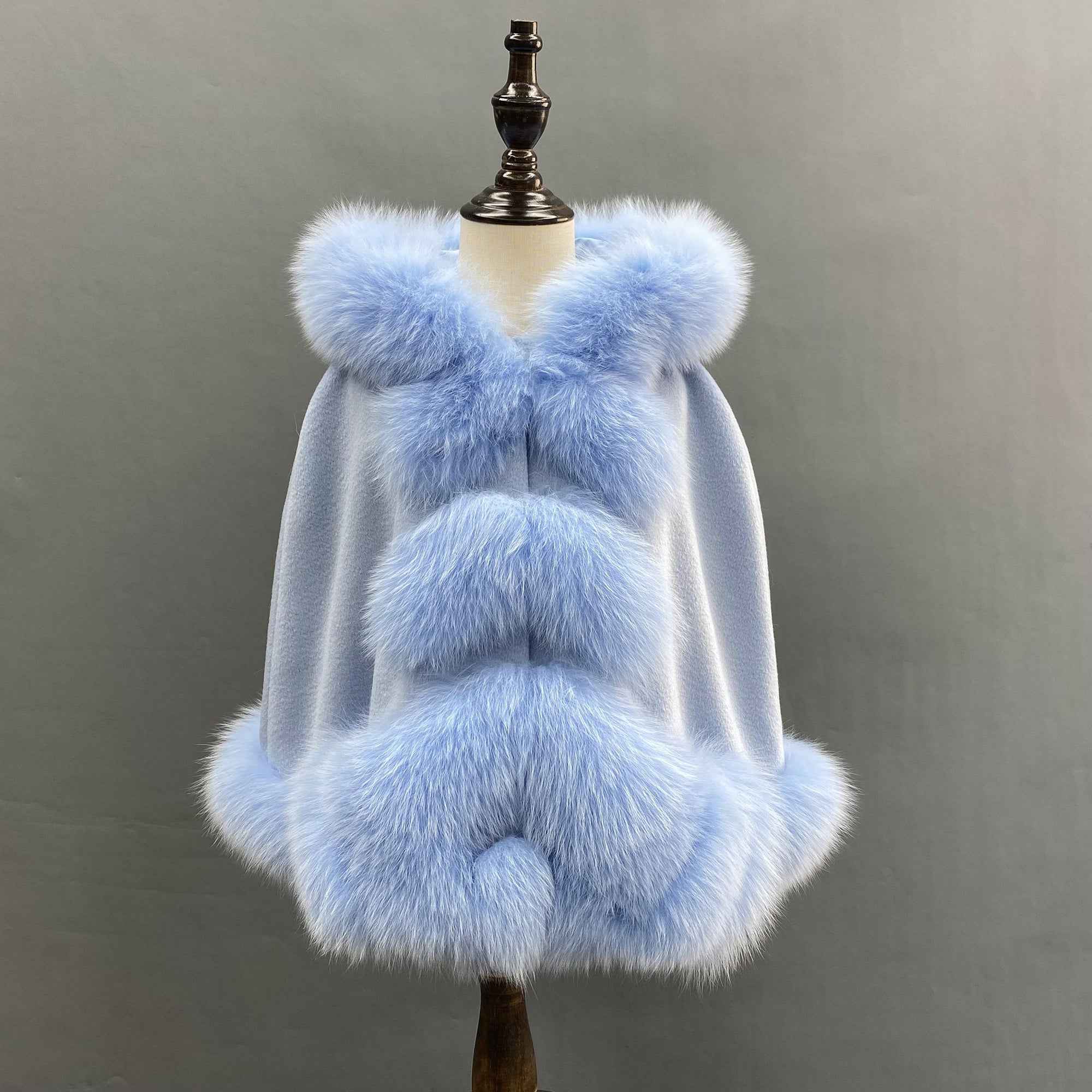 Kids fox fur trimmed hooded cape Light blue
