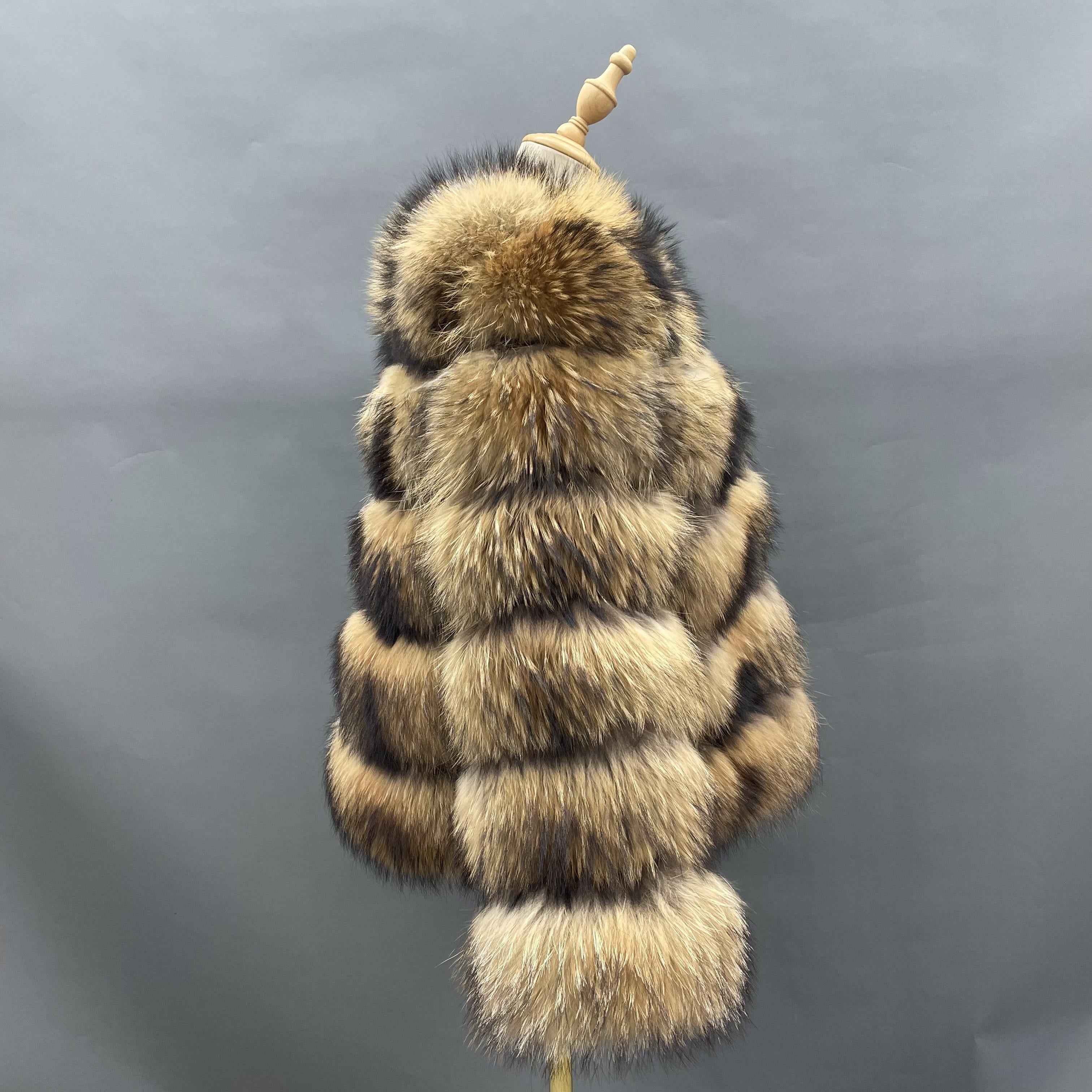 Women's Luxury Raccoon Fur Jacket - 5-Panel Wide Striped Cold Winter Warmth-Locking Outerwear