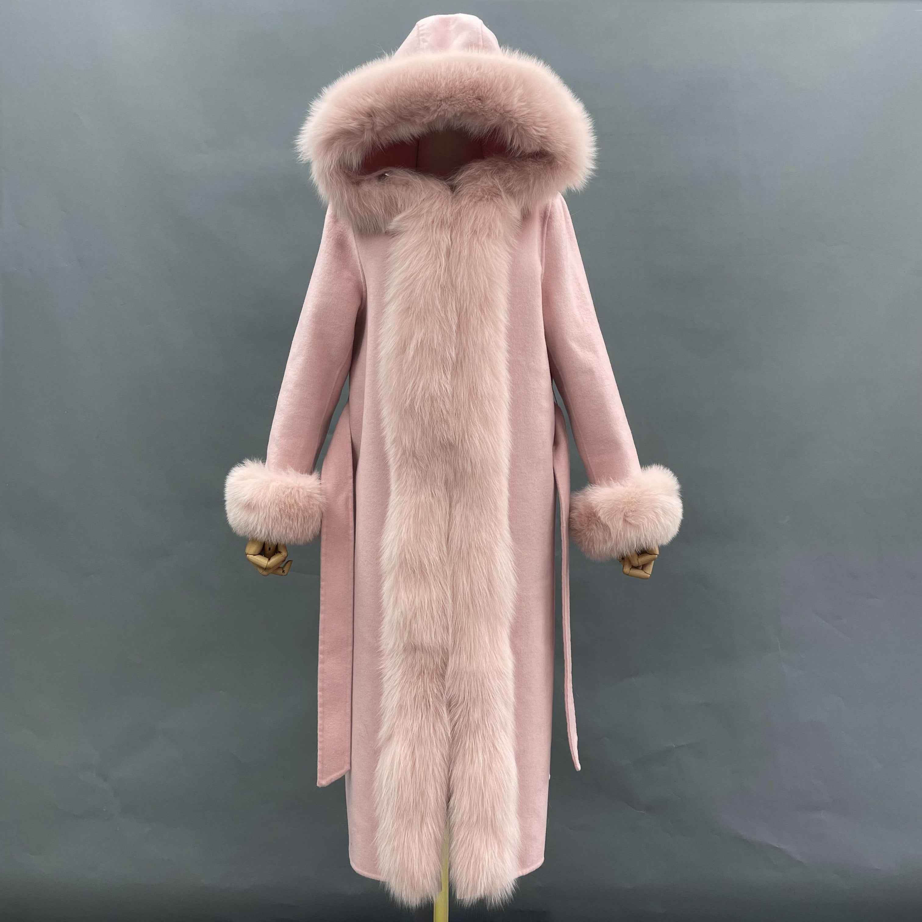 Women's Luxury Double - Faced Wool Coat with Fox Fur Trim & Fox Fur Cuffs, Belted Elegant Winter Outerwear Pink