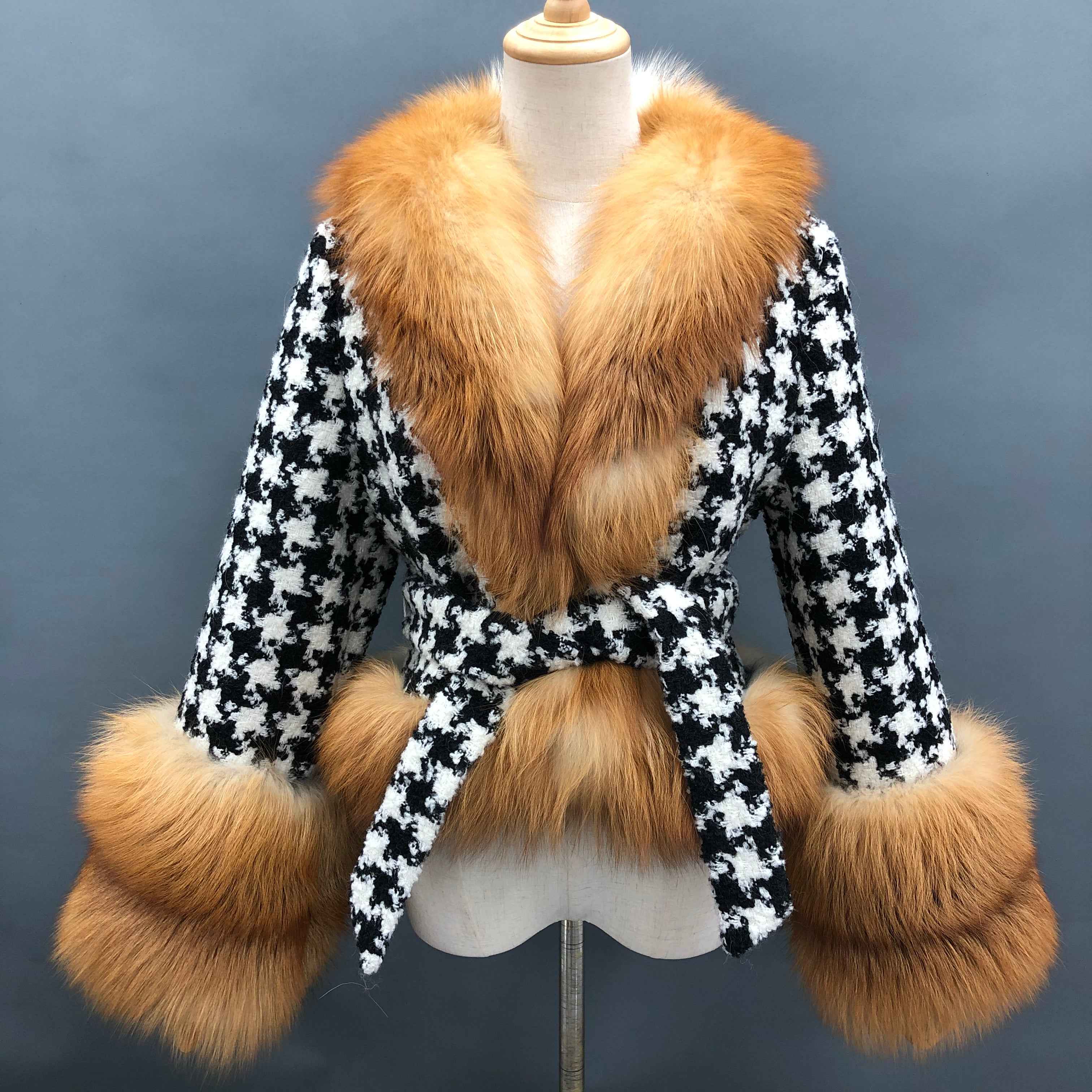 Women's Black White Houndstooth Wool Belted Coat with Fox Fur Collar and Cuffs Trim, Elegant Winter Jacket for Casual Outfits Golden