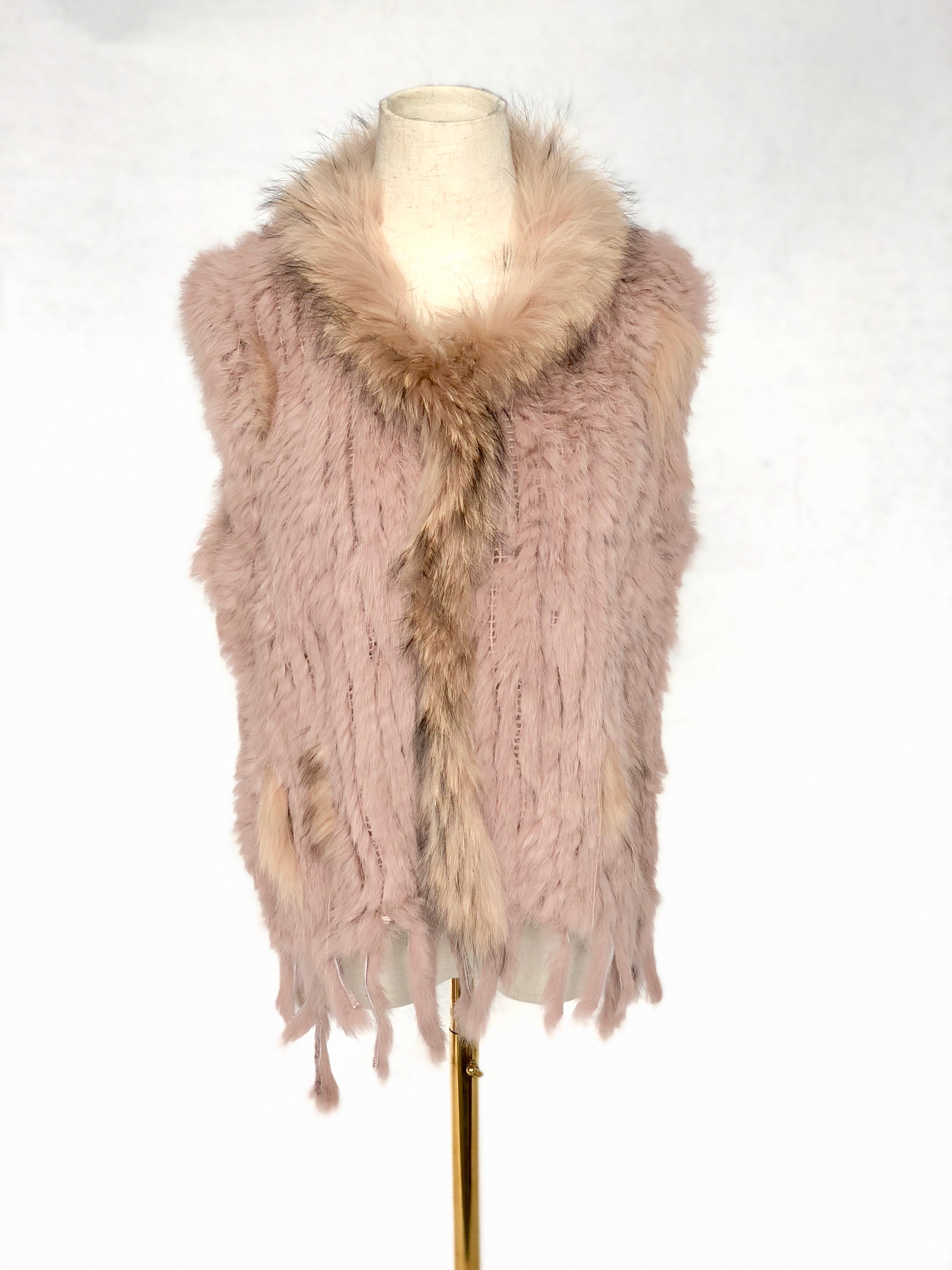 Women's Fuchsia Knitted Rabbit & Fox Fur Vest with Ragged Tramp Style & Fringe Details - Luxe Statement Outerwear