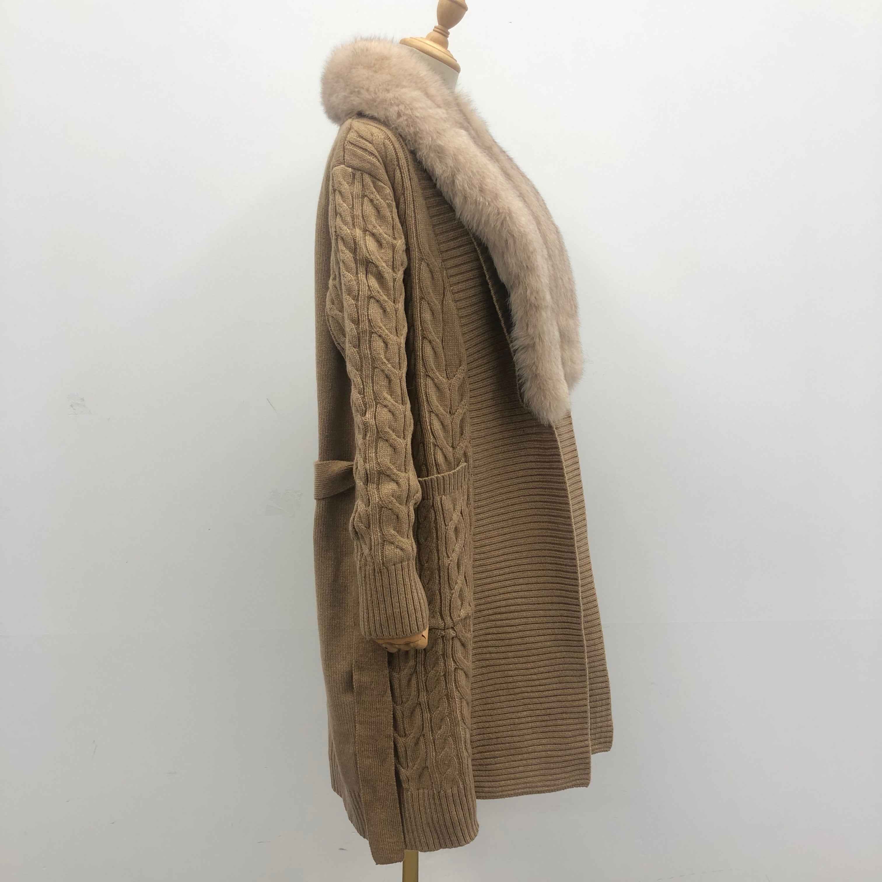 Women's Shawl Collar Knitted Coat with Fox Fur Collar & Self-Tie Belt - Luxe Winter Outerwear