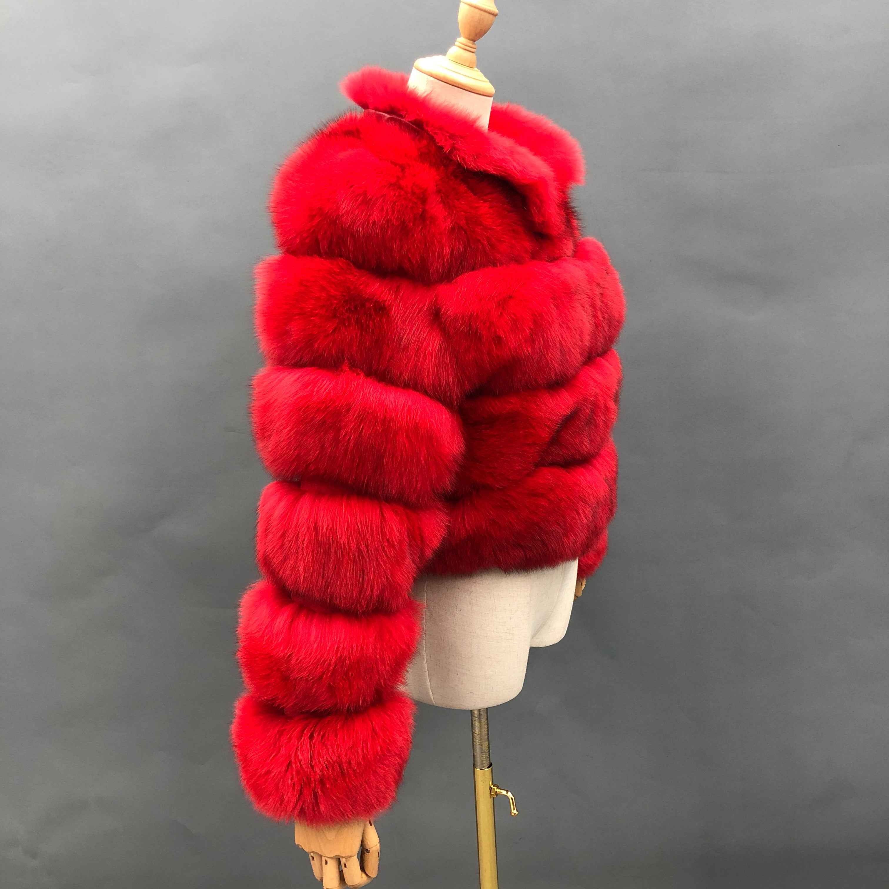 Women's Luxury Cropped Fox Fur Jacket - Layered Stand Collar Winter Fashion Statement Outerwear