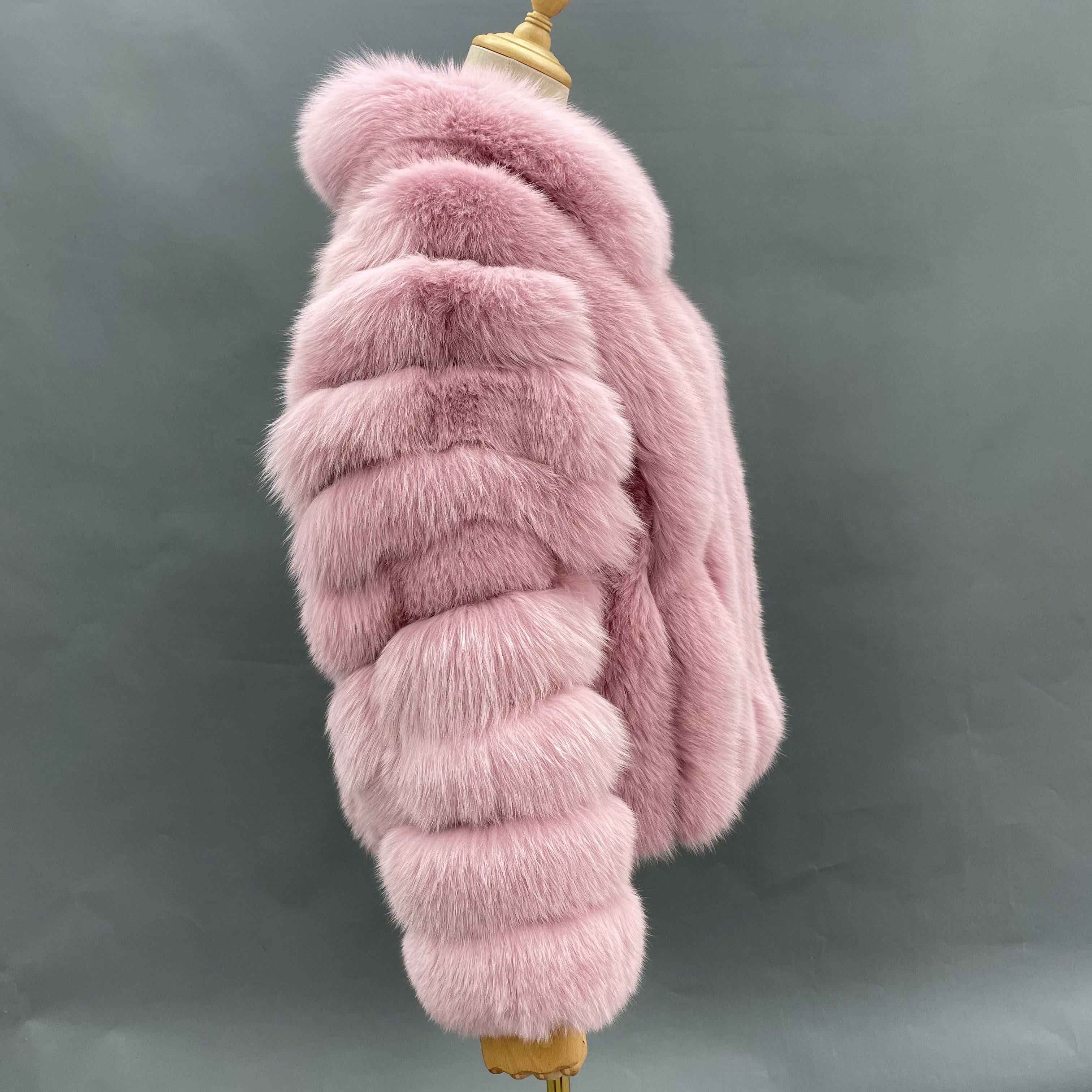 Women's Premium Plush Fox Fur Jacket - Notched Lapel with Vertical Stripe Design Winter Statement Outerwear