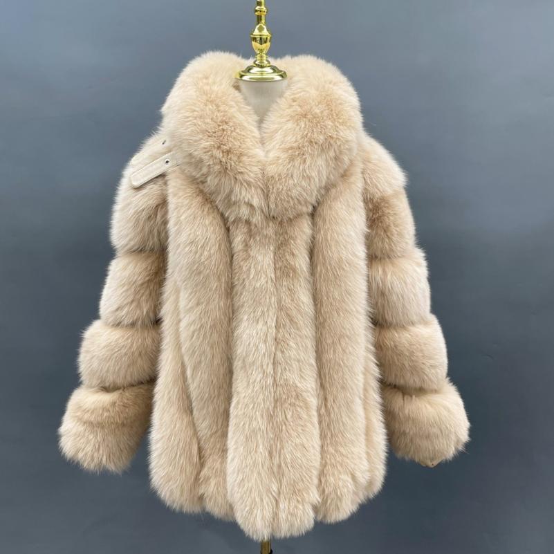 Winter Bright Color Vertical Fox Fur Coat For Women Beige