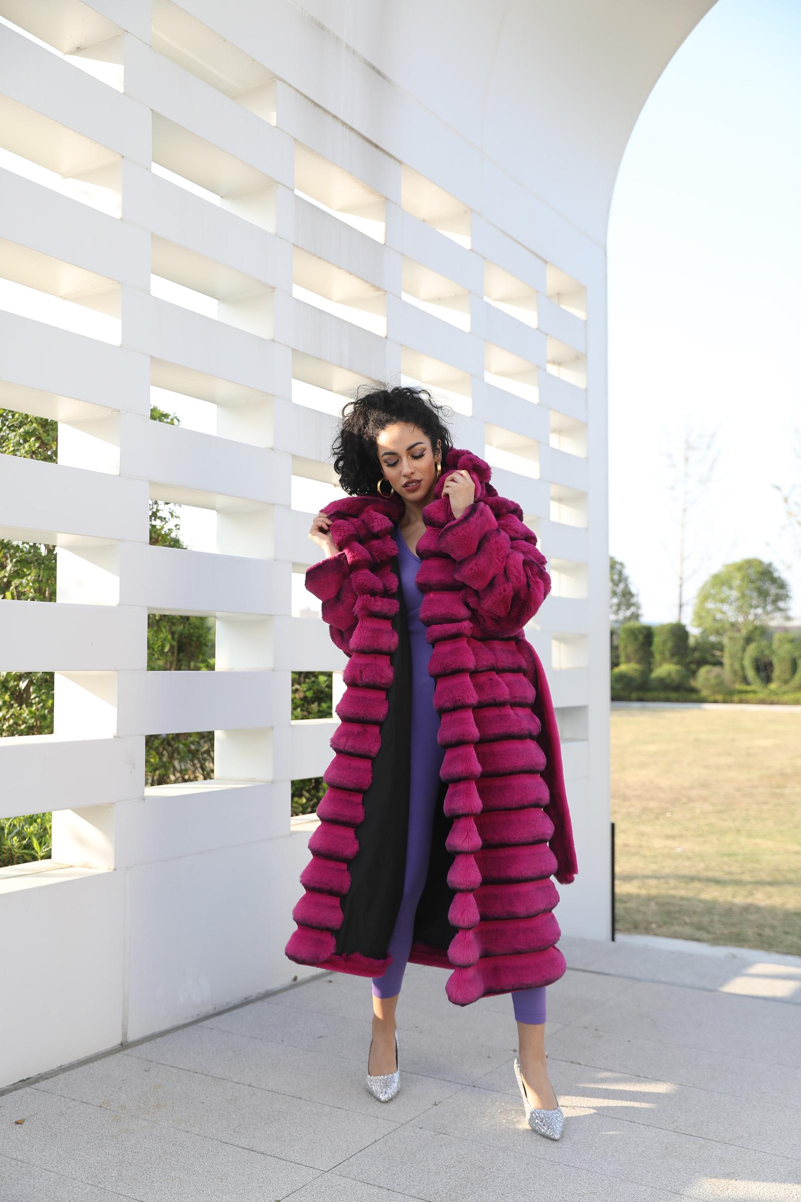 Eco Friendly Faux Fur Jacket with Hood Women's Fashionable Long Coat with Chinchilla Pattern