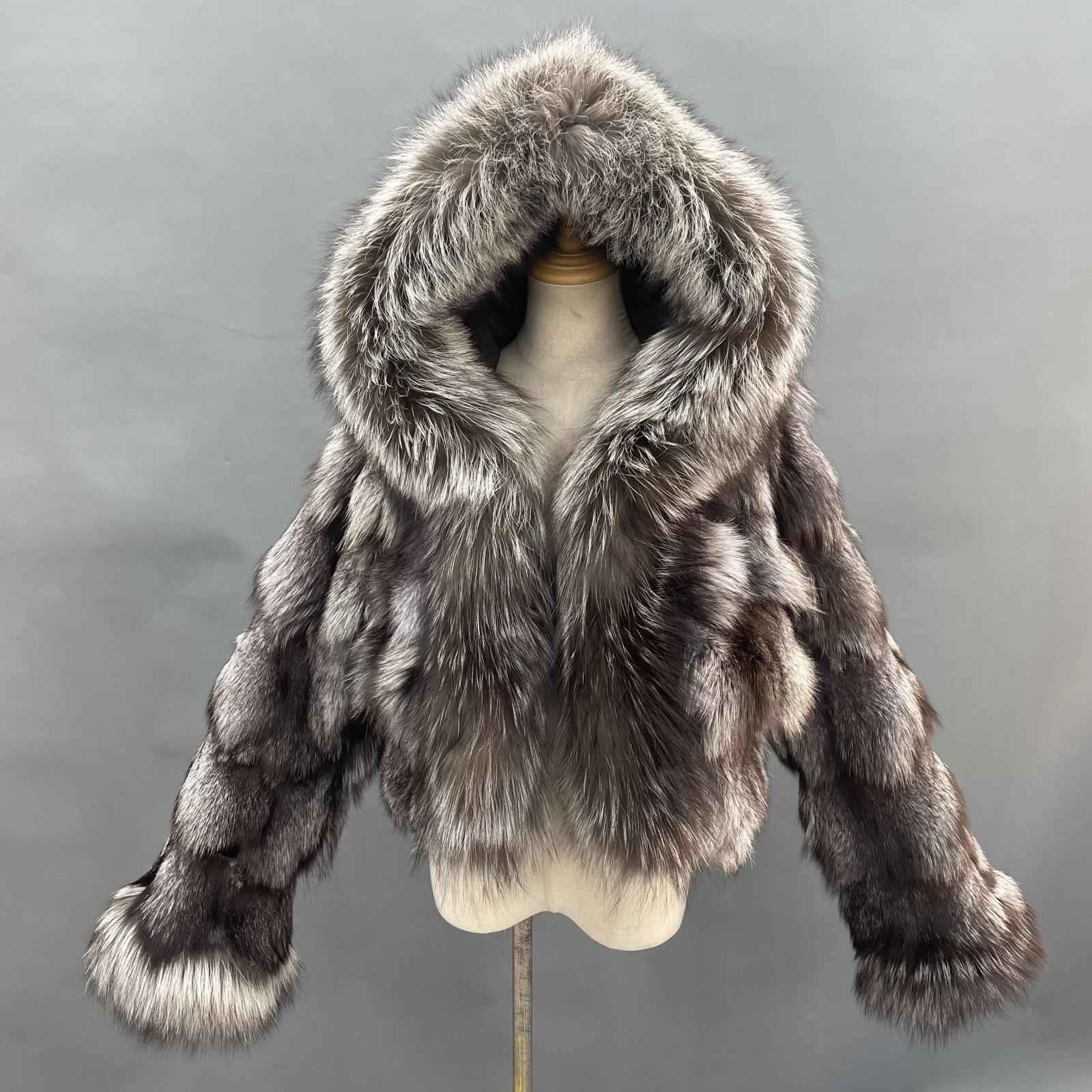 Fox Fur Coat for Women Luxurious Fox Fur Placket Hooded Zippered Jacket Silver Fox