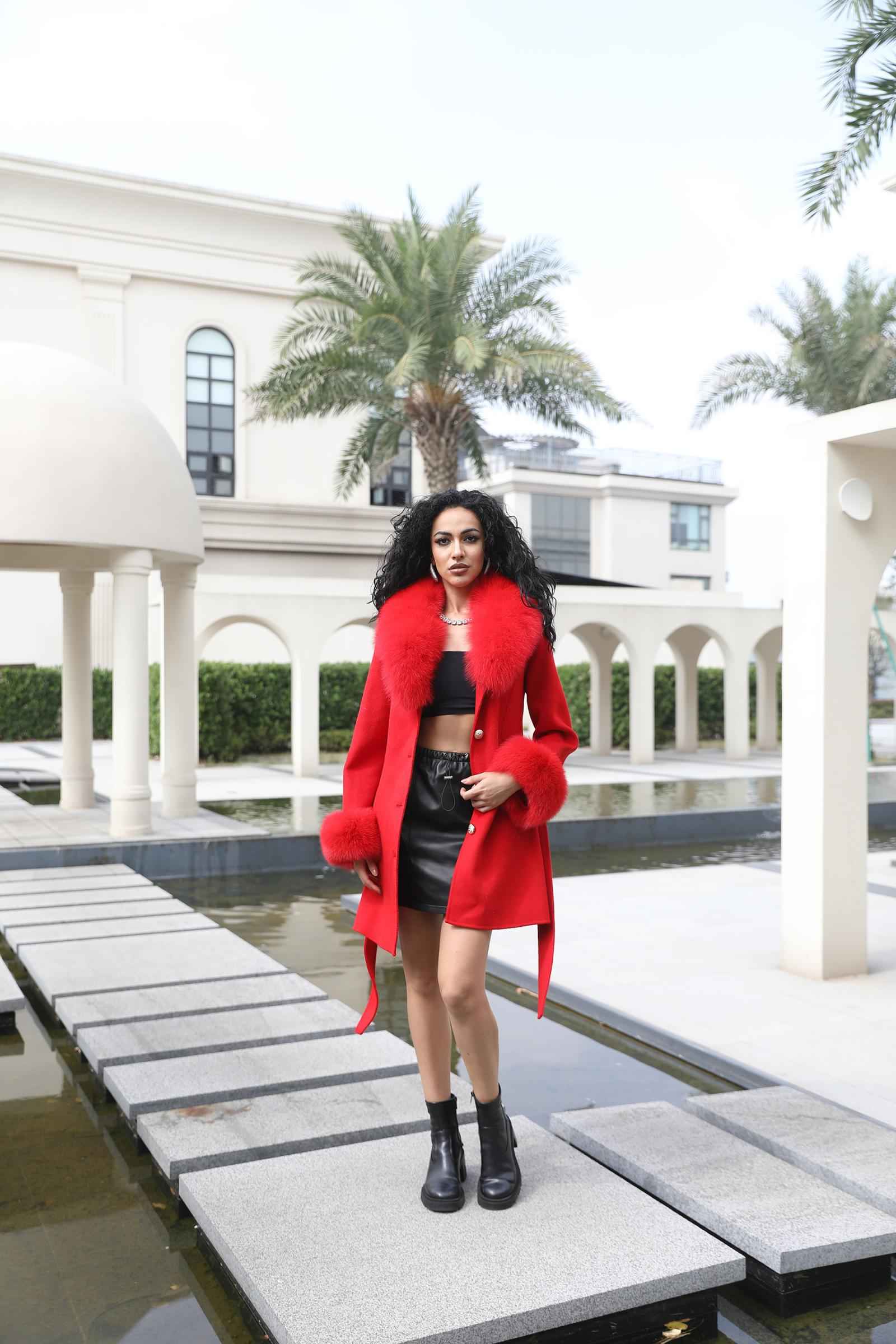 Double-Faced Fleece Coat for Women Elegant Notched Lapel Belted Double-Faced Wool Outer Jacket