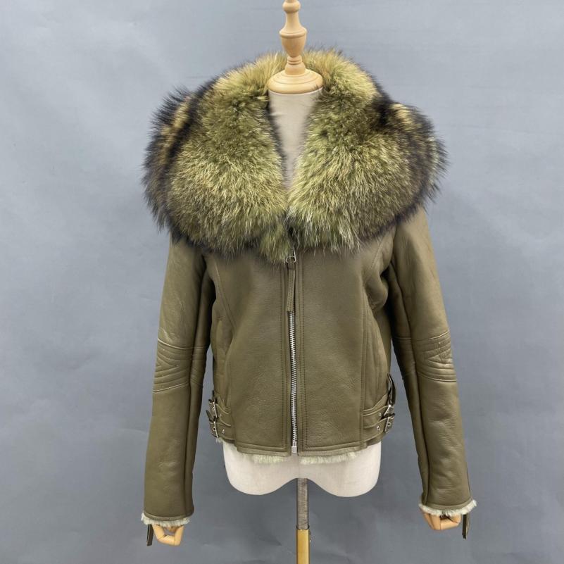 Large Raccoon Fur Collar Leather and Fur Combination F 3