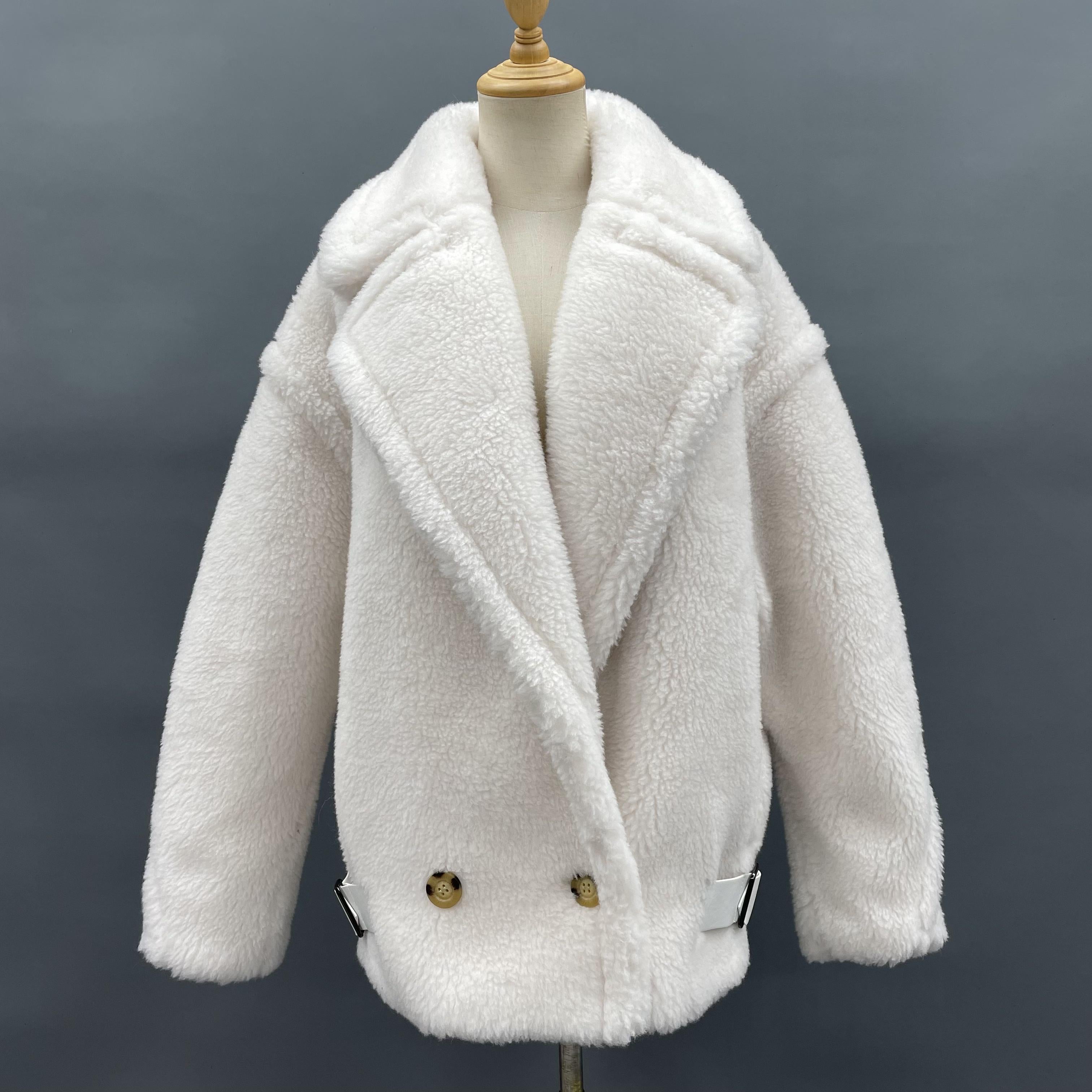 Womens' Teddy Shearling Coat with Leather Button Hem and Double-breasted Lamb Wool Jacket Spring Fur Coat white F-chest 128cm
